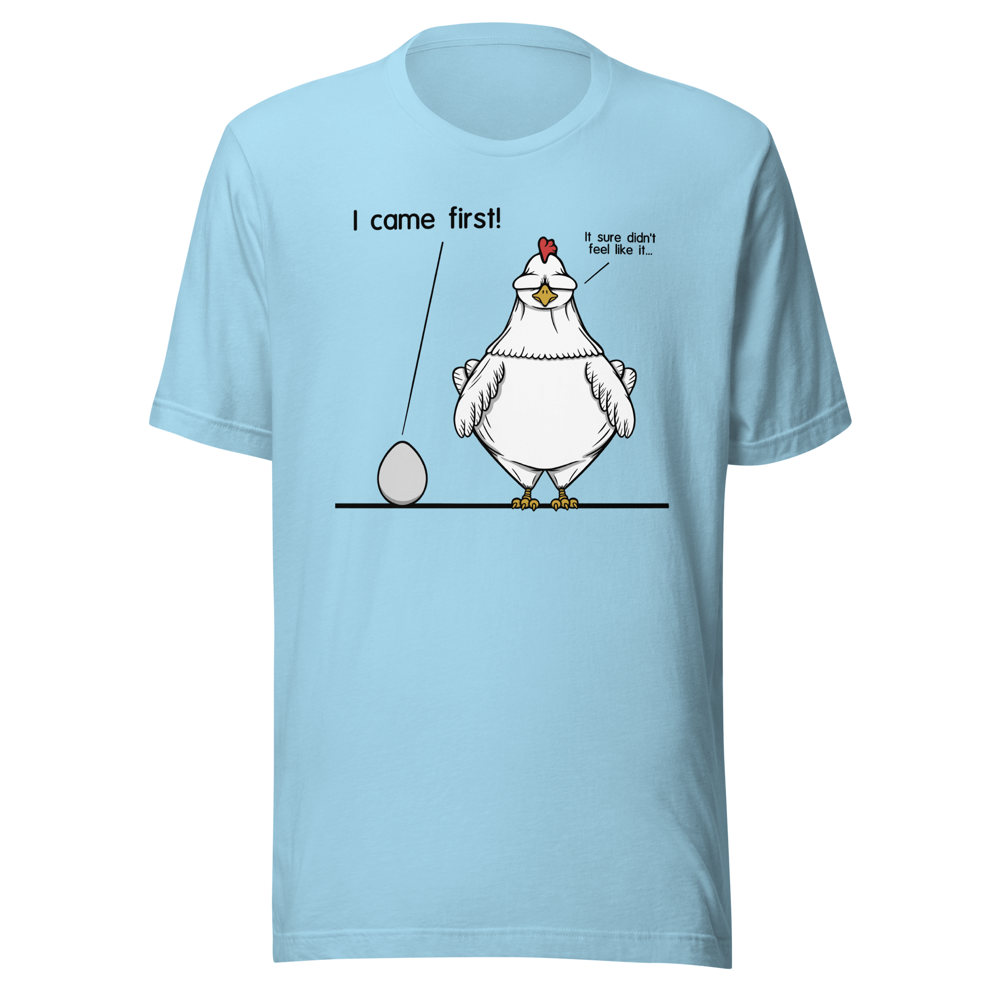 blue t-shirt with cartoon chicken and egg debate