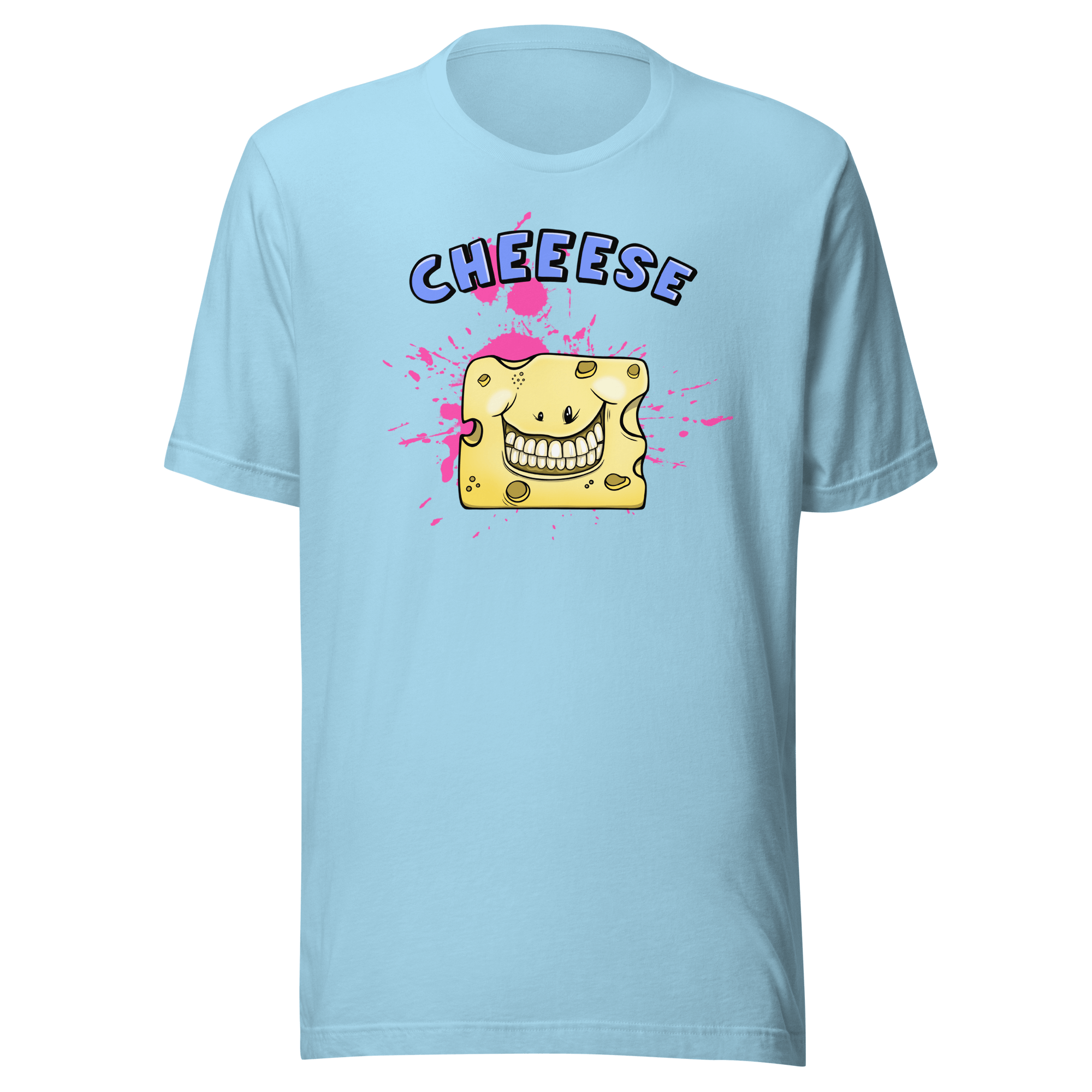 Happy smiling cartoon cheese on blue t-shirt