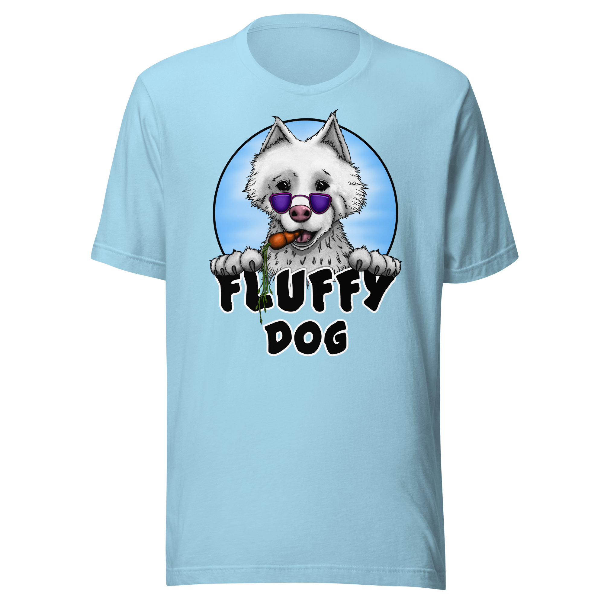 blue t-shirt with a cute fluffy dog eating a carrot