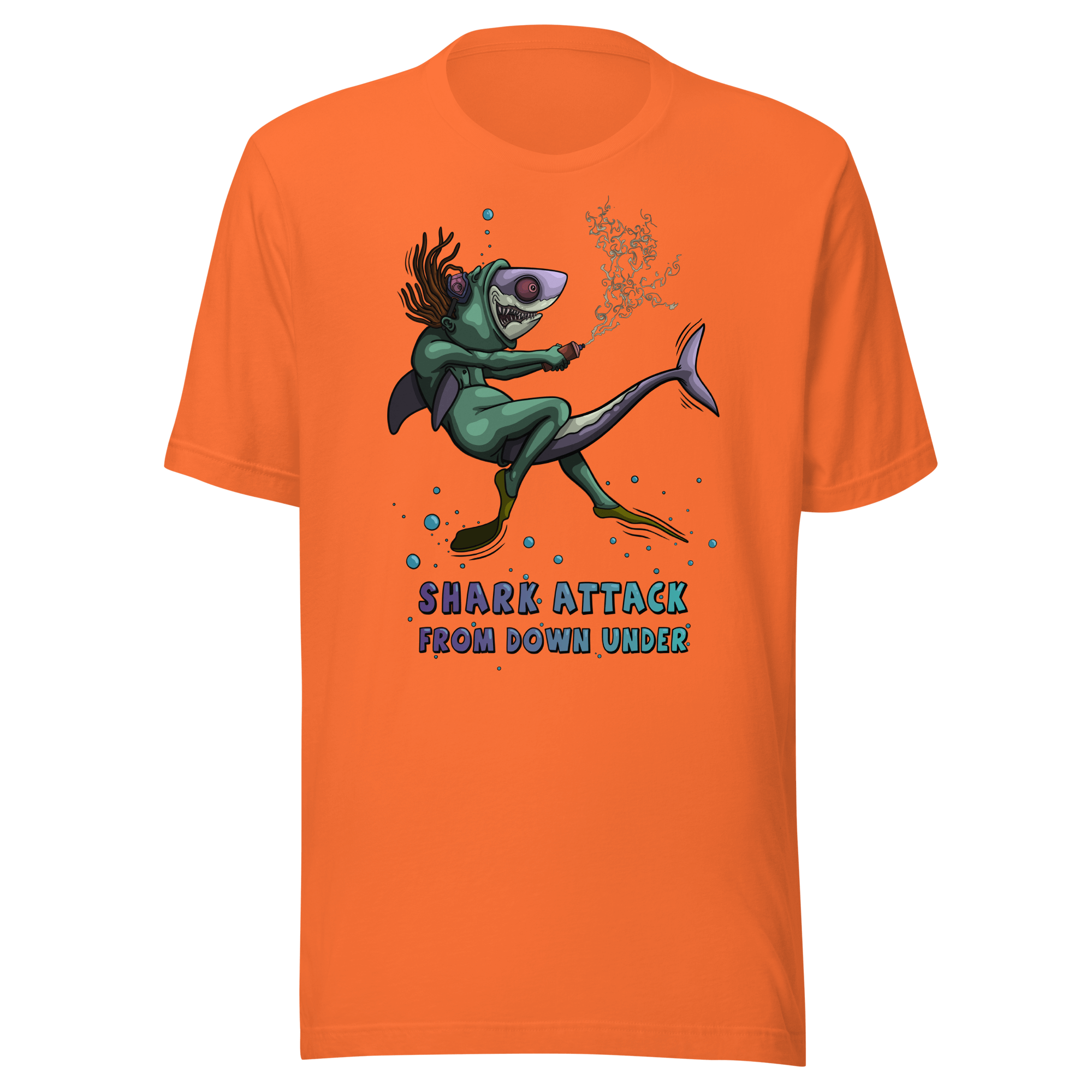 crazy diver and shark orange t-shirt