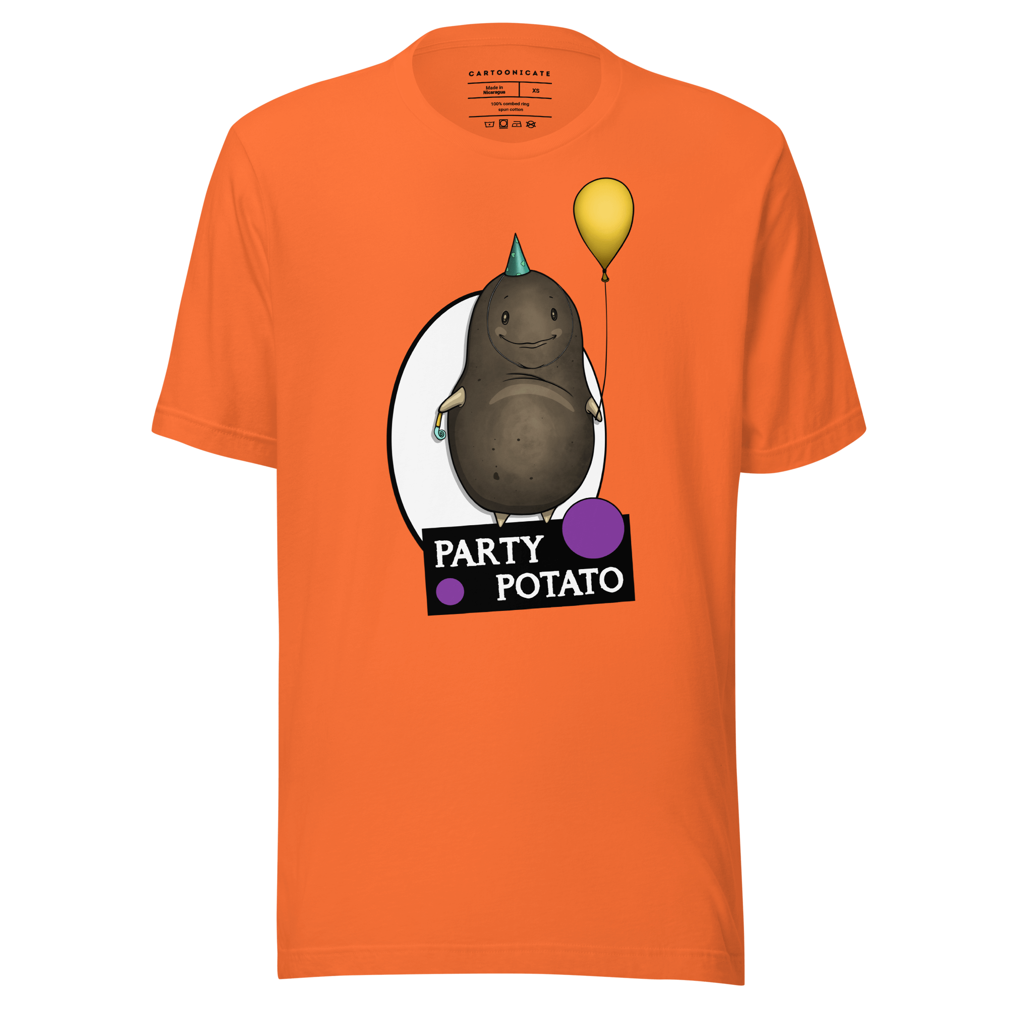 cartoon party potato on orange tee