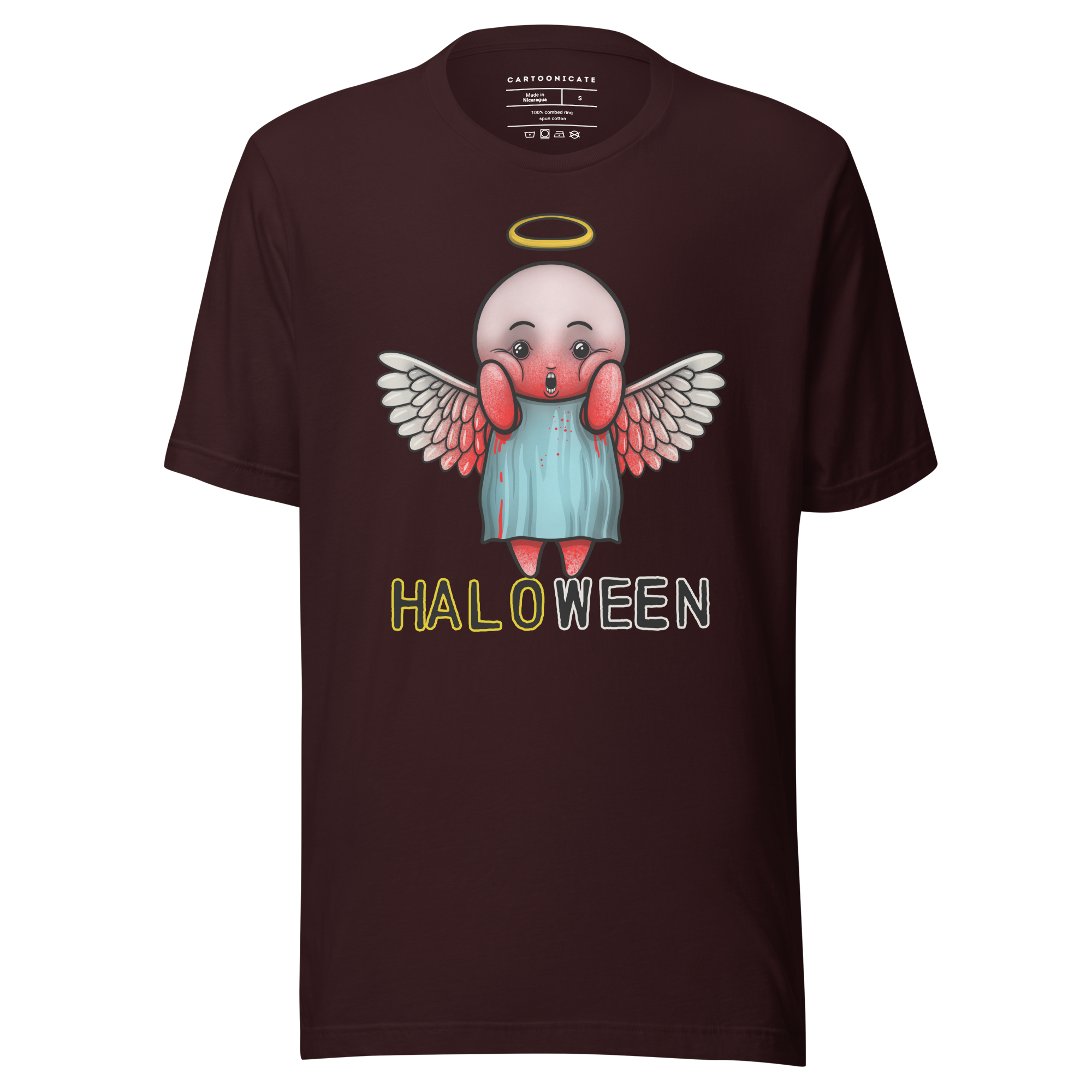 Cartoon Halloween angel on maroon t-shirt