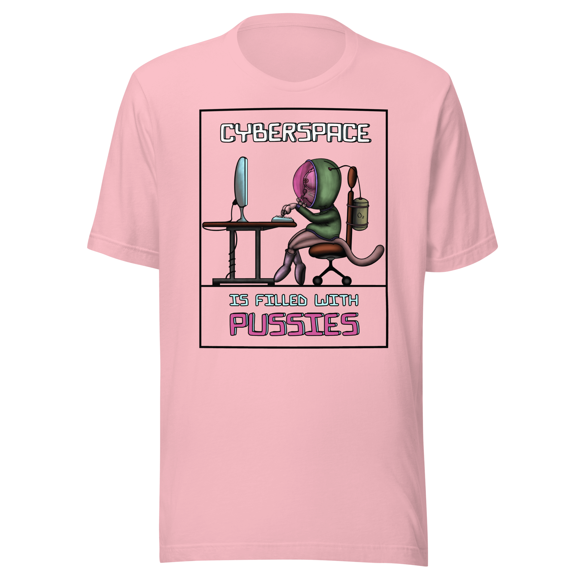 Pink tee with cool cartoon pussy in cyberspace