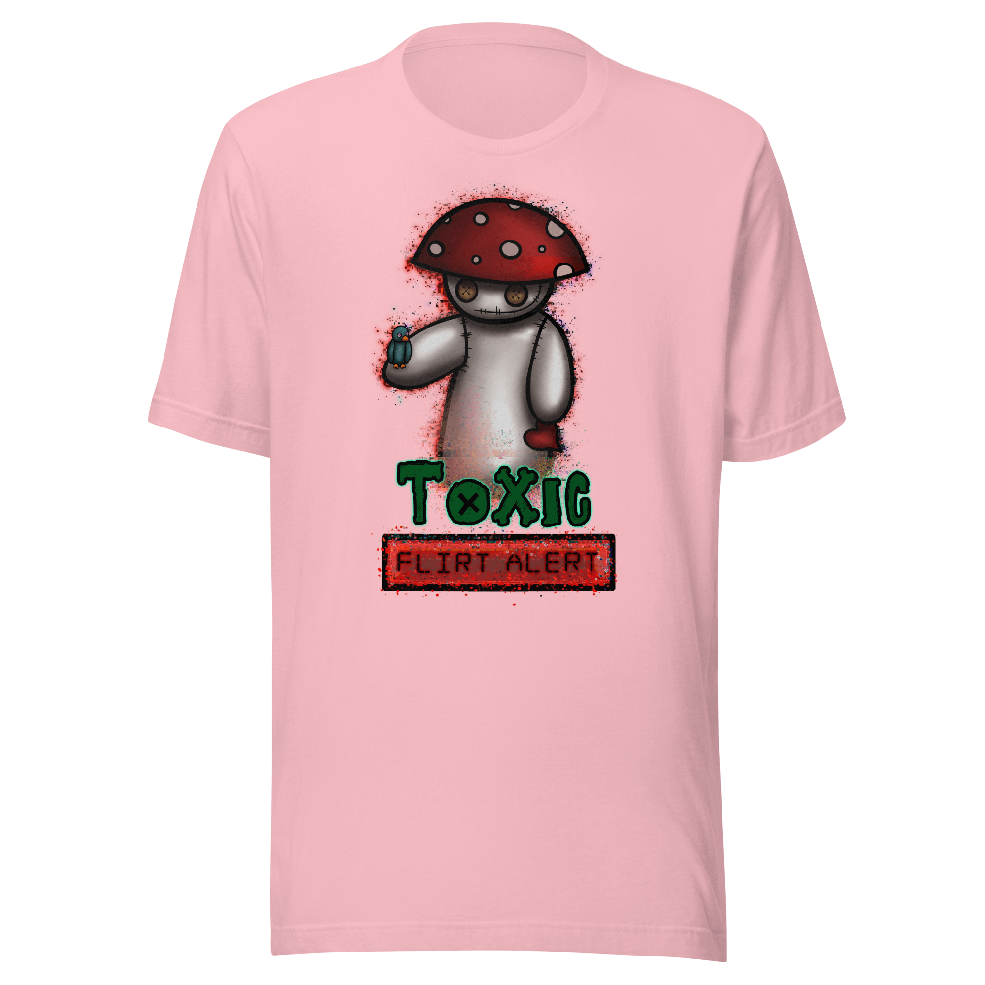 Pink tee with a cartoon voodoo fly agaric mushroom