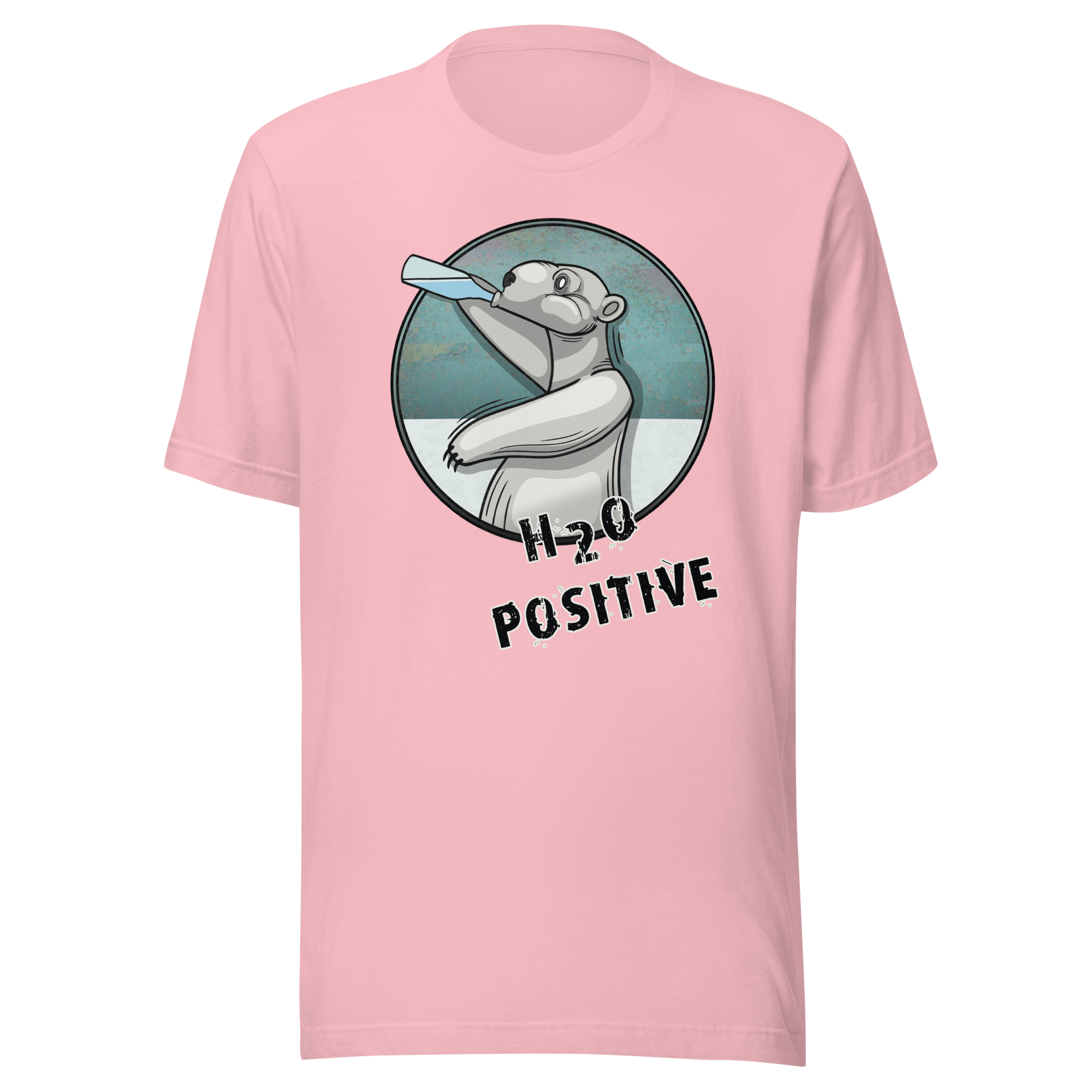 Cartoon ice bear with a bottle on pink t-shirt