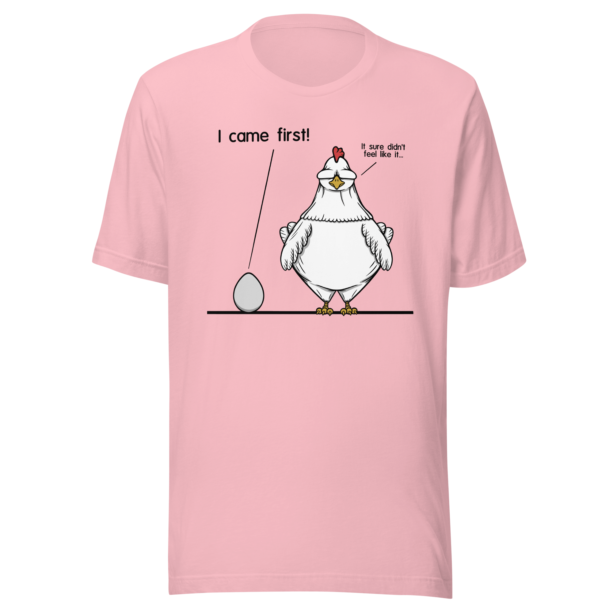 pink t-shirt with cool cartoon chicken and egg