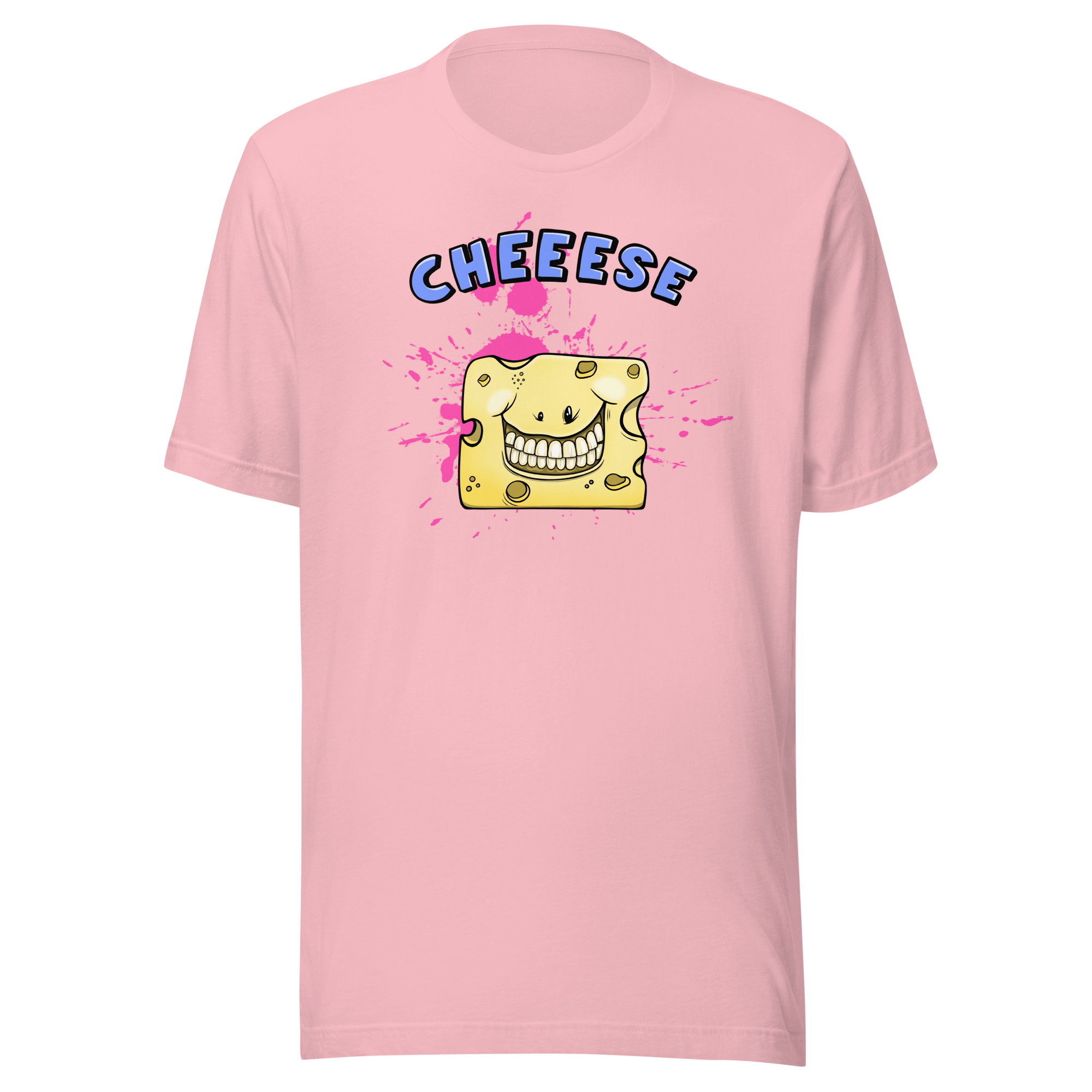 cute smiling cheese in cartoon style on pink tee