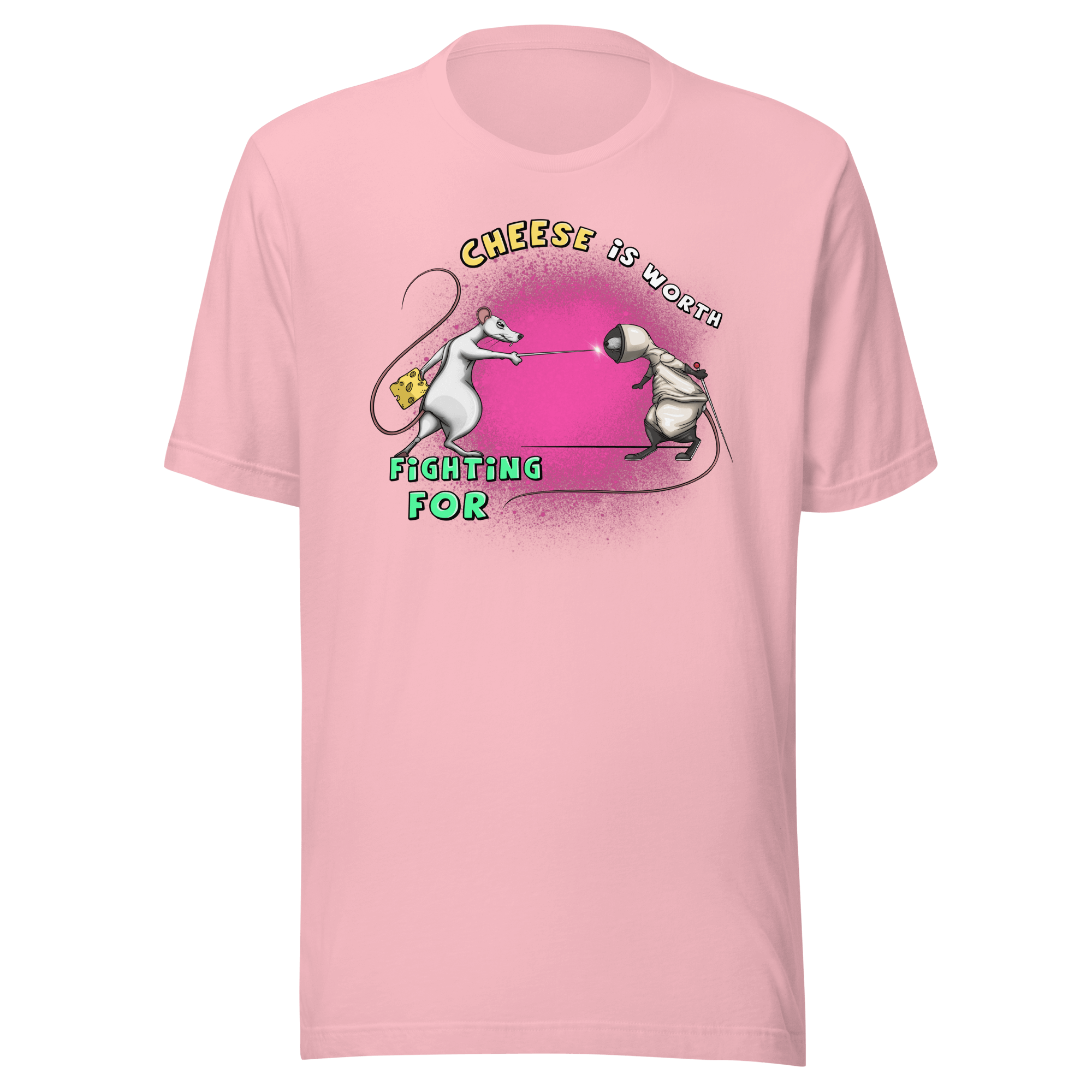 pink t-shirt with rats fighting for cheese drawn in cartoon style