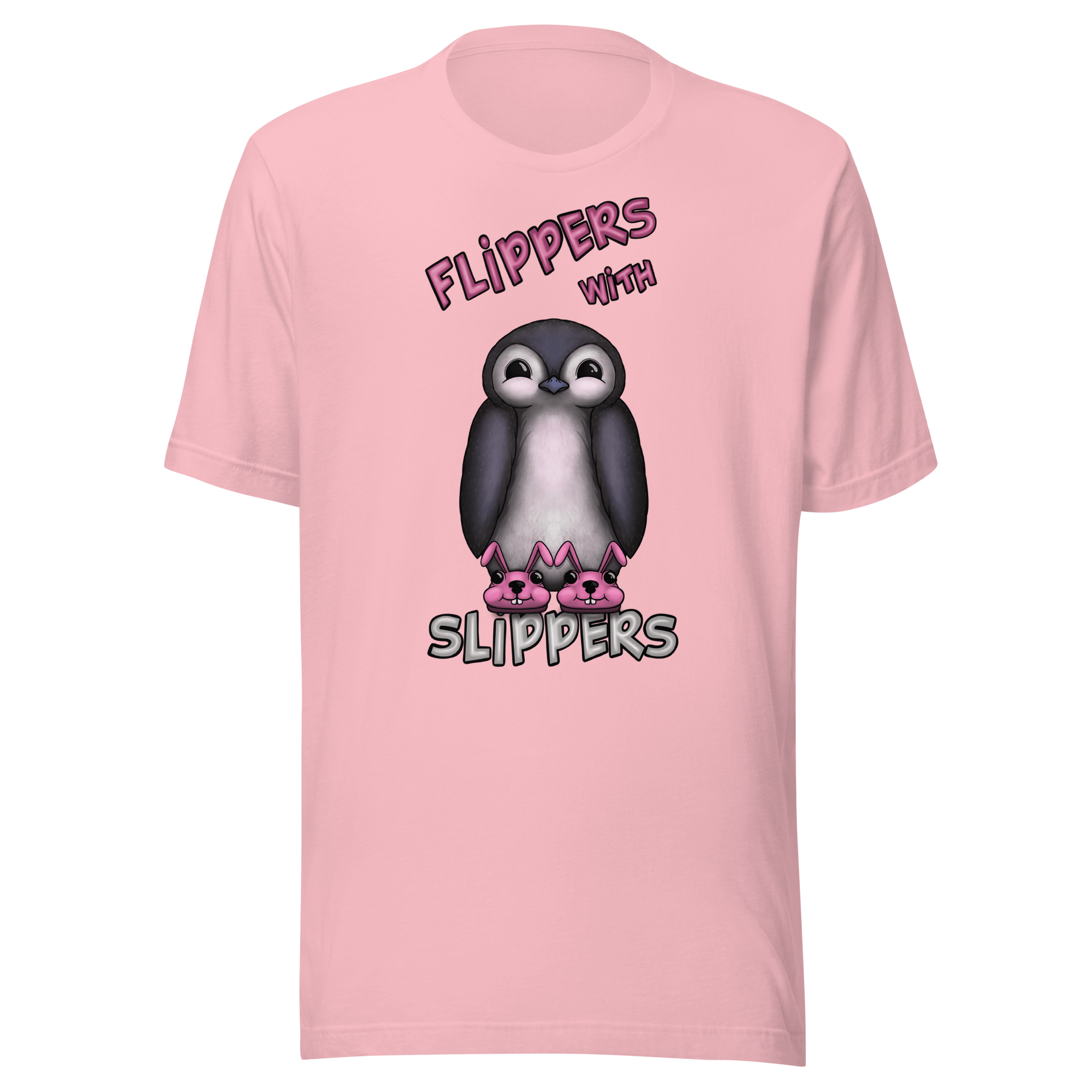 pink t-shirt with cute bunny slippers on a penguin