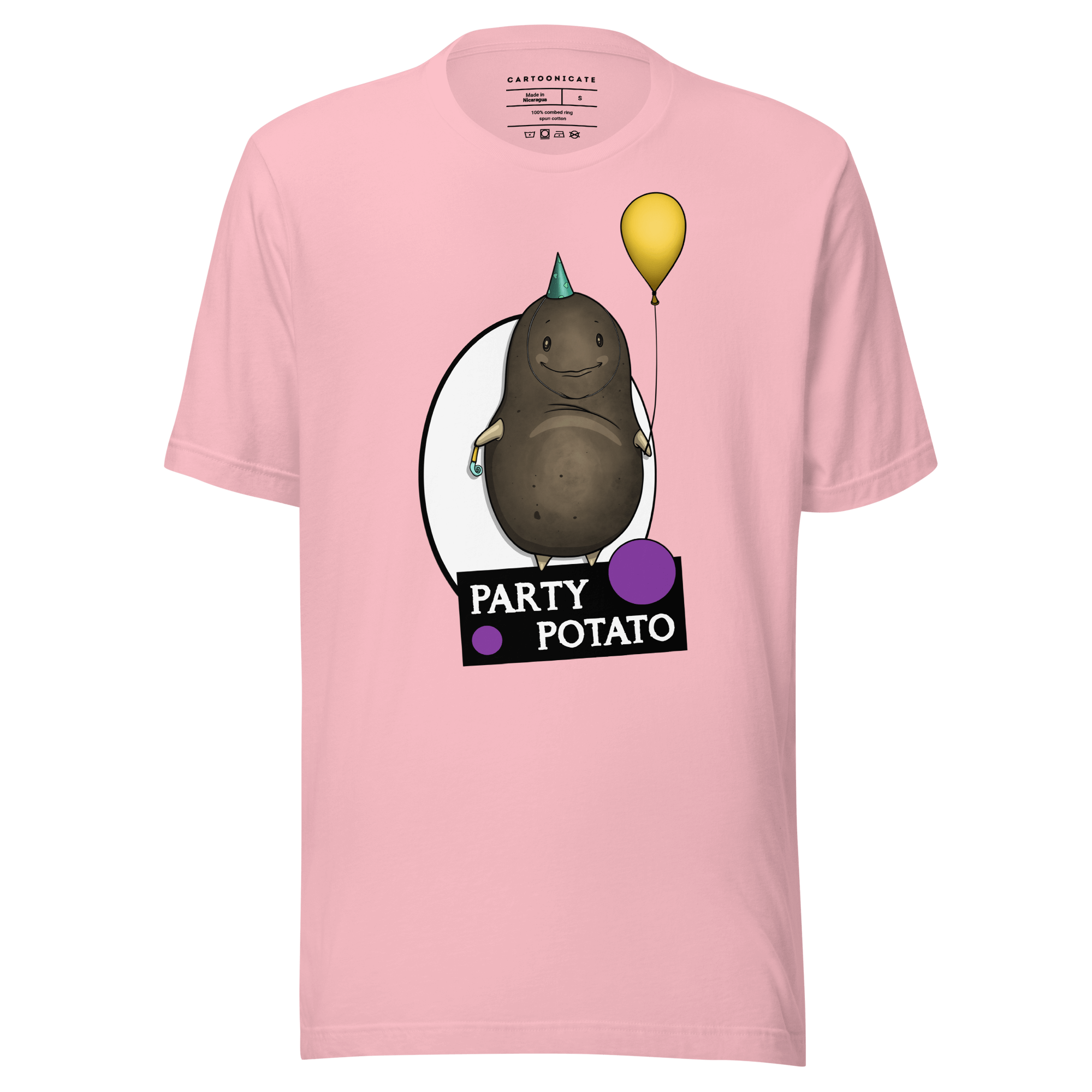 pink t-shirt with humor potato drawing going to party