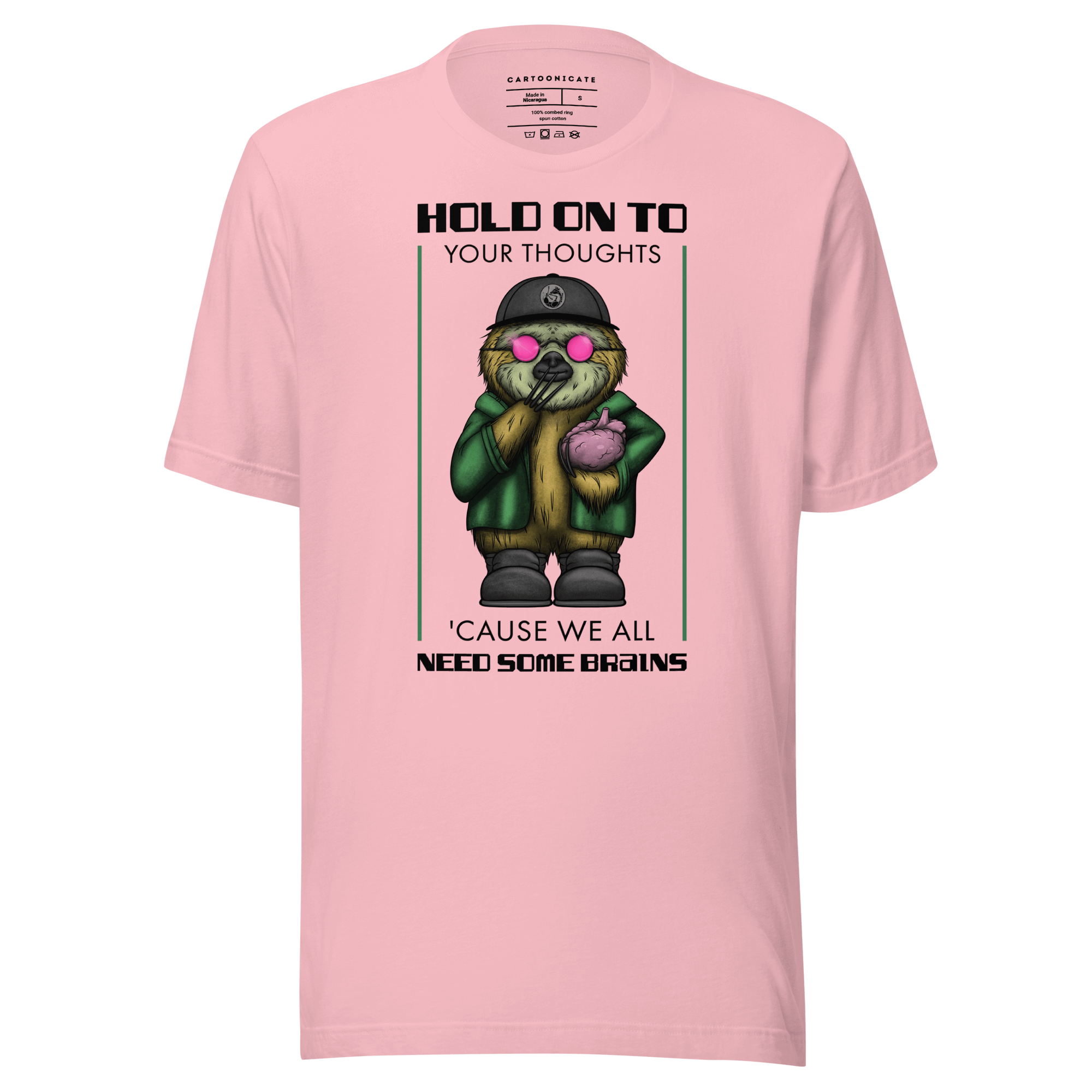 pink t-shirt with a cartoon sloth wearing pink sunglasses