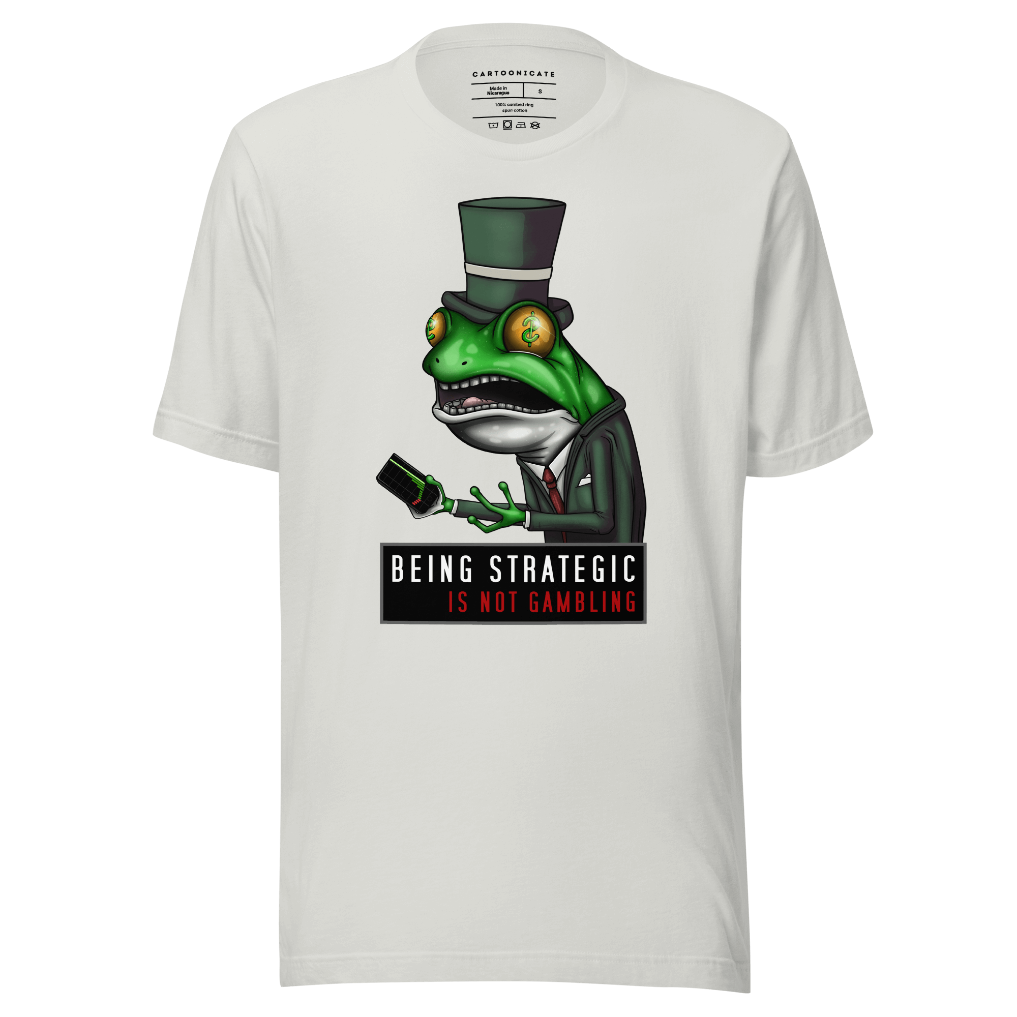 investor dapper frog cartoon on silver t-shirt