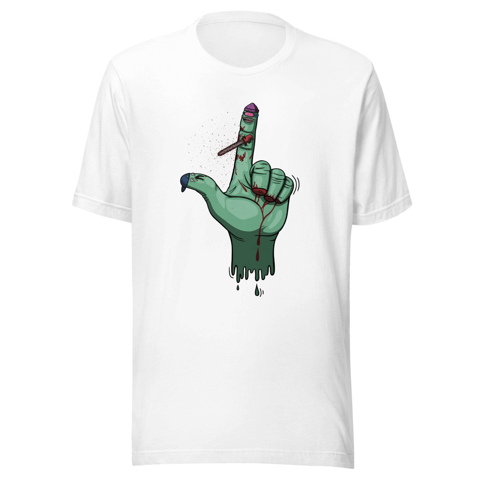 Crazy index finger on a green hand white tee