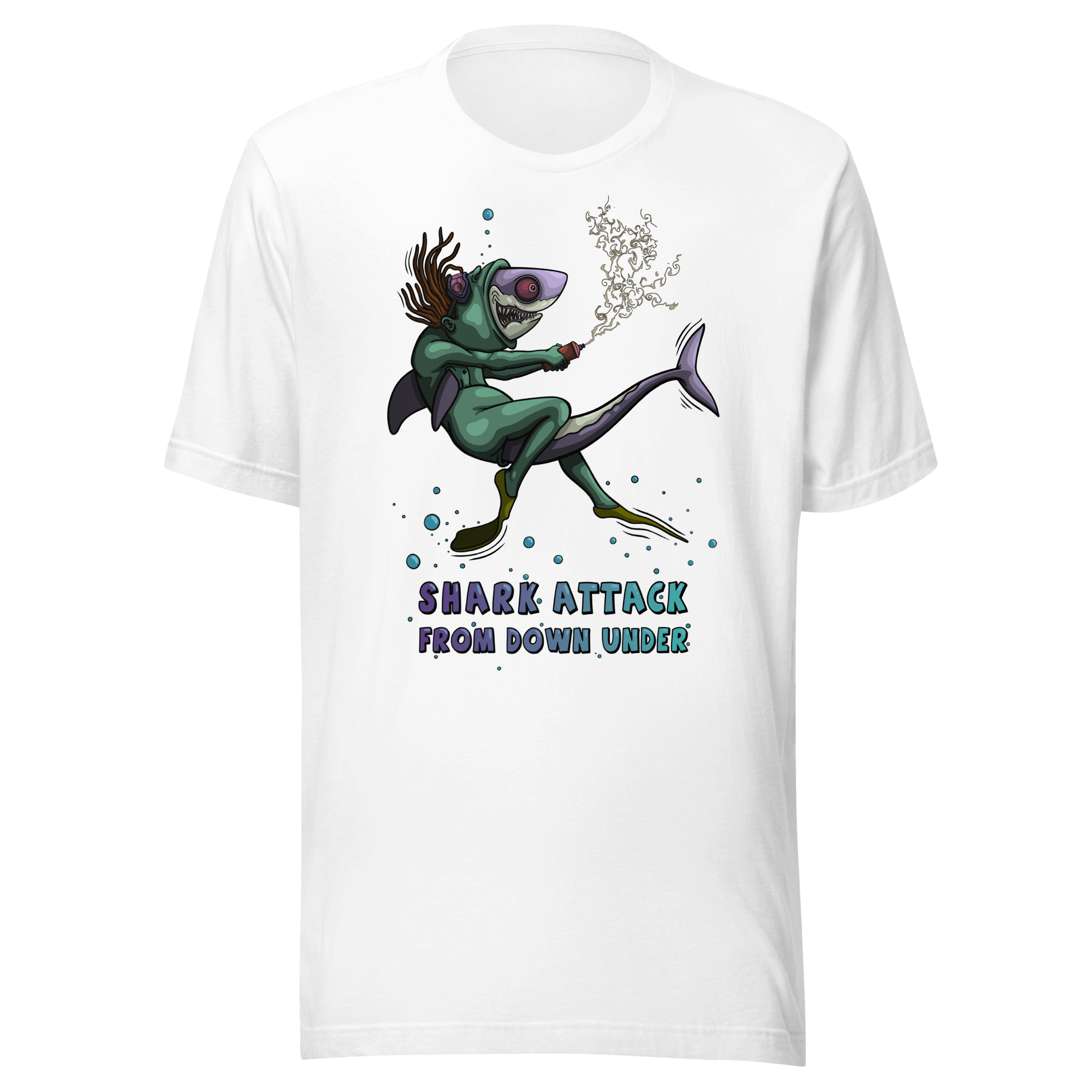 white t-shirt with cool cartoon shark from down under