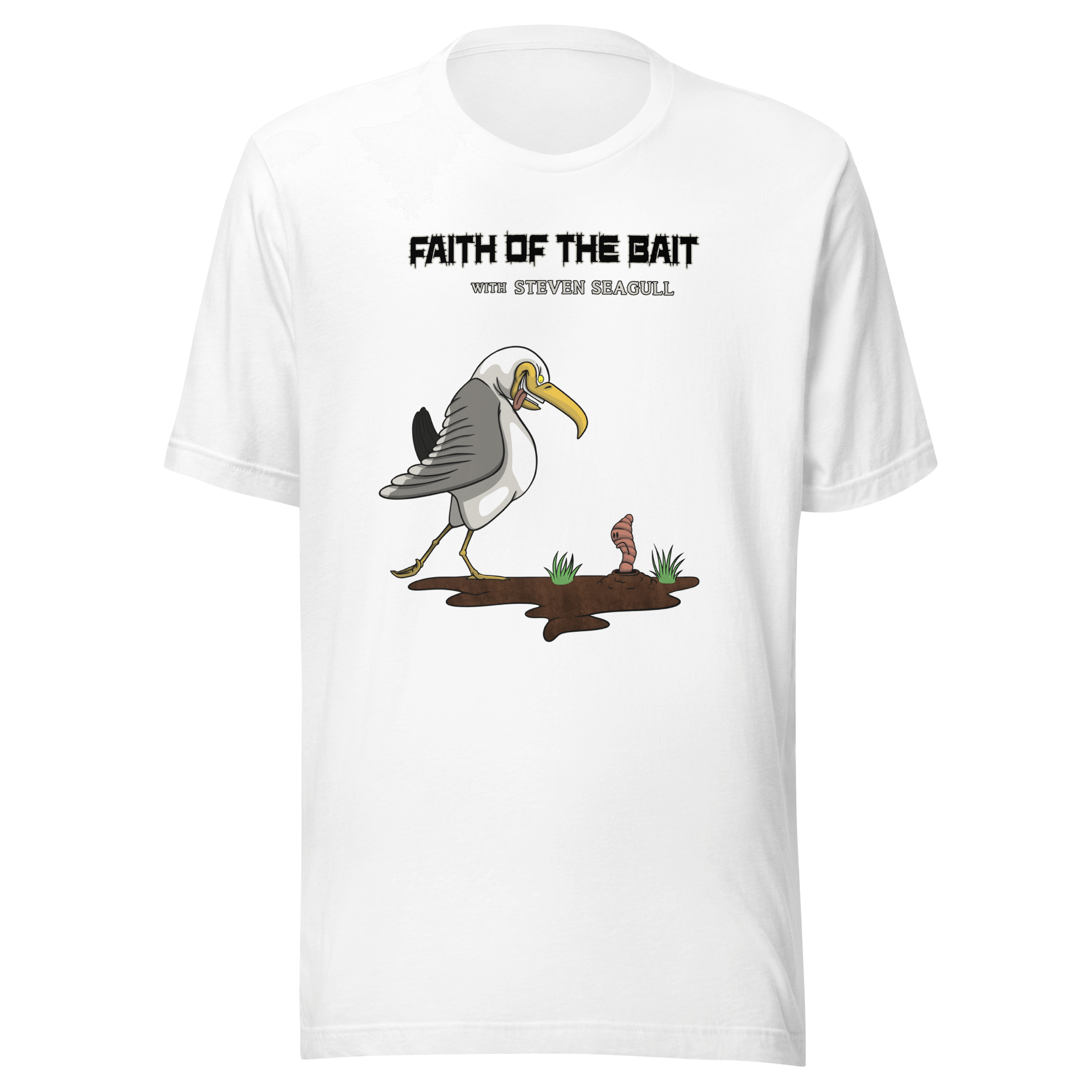 white t-shirt with a cartoon seagull and a worm