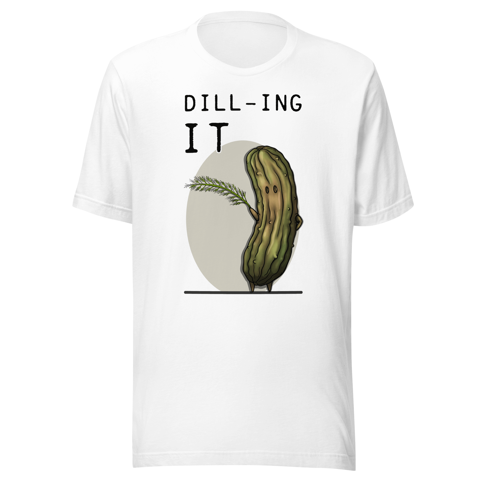 cartoon pickle and dill drawing on white tee