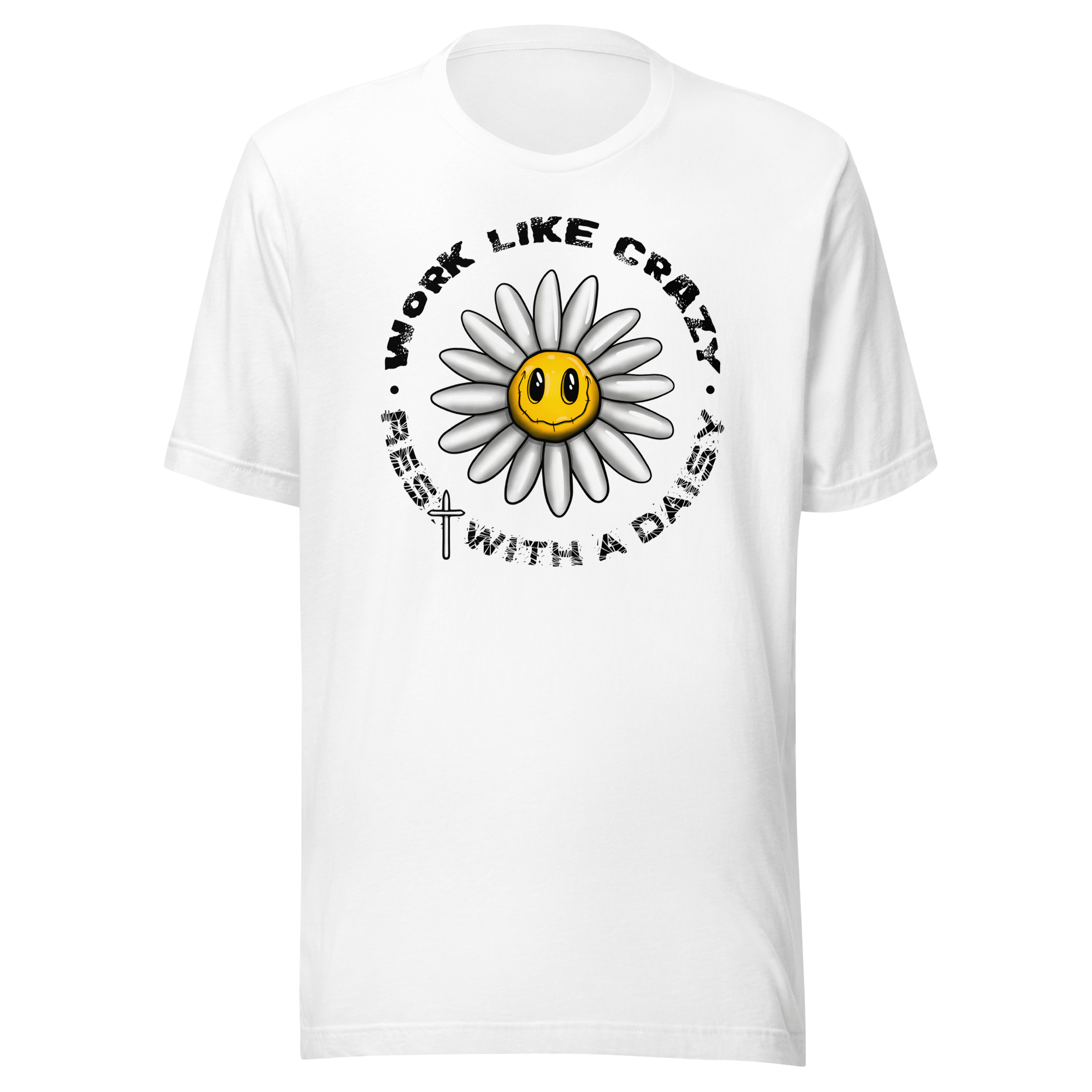 white tee with funny cartoon daisy design