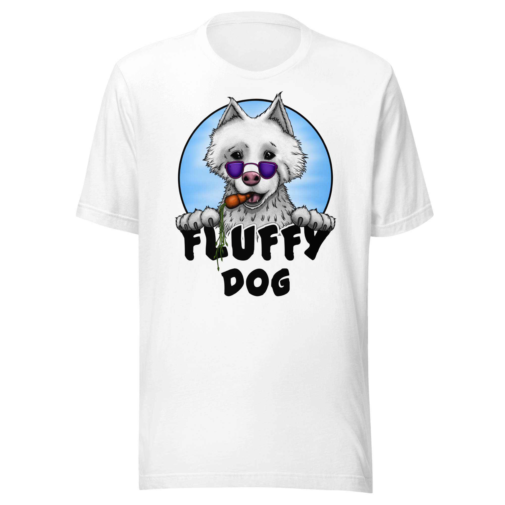 white t-shirt with white fluffy samoyed dog wearing purple sunglasses