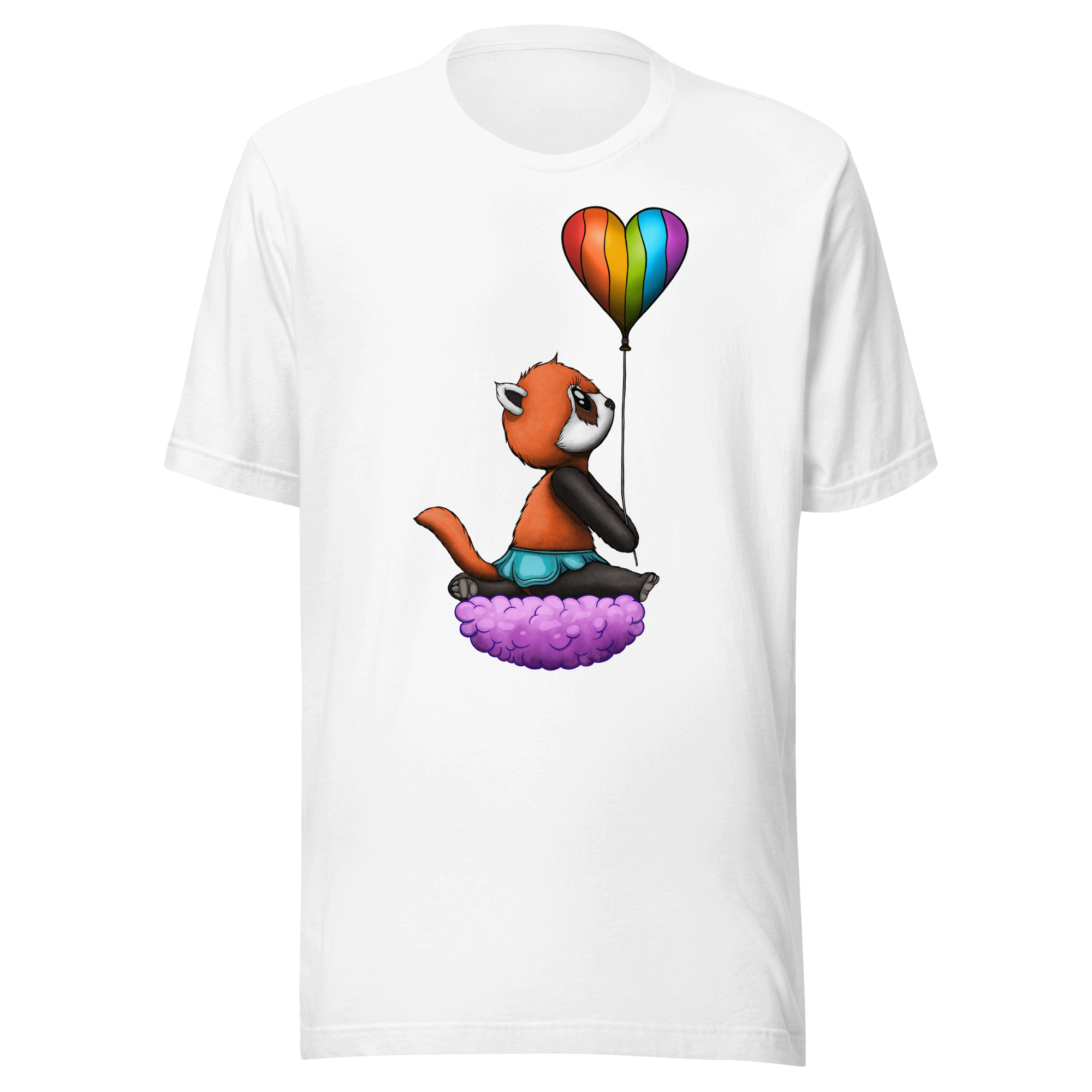 white t-shirt with a red panda holding a heart shaped pride flag