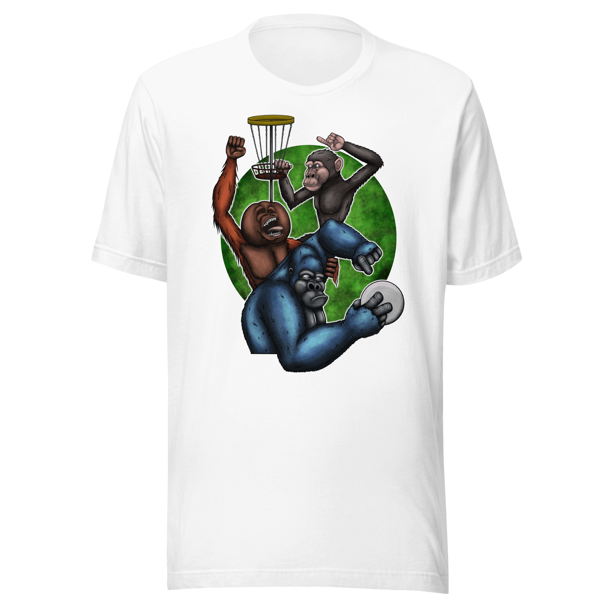 cool cartoon monkeys playing disc golf on white tee