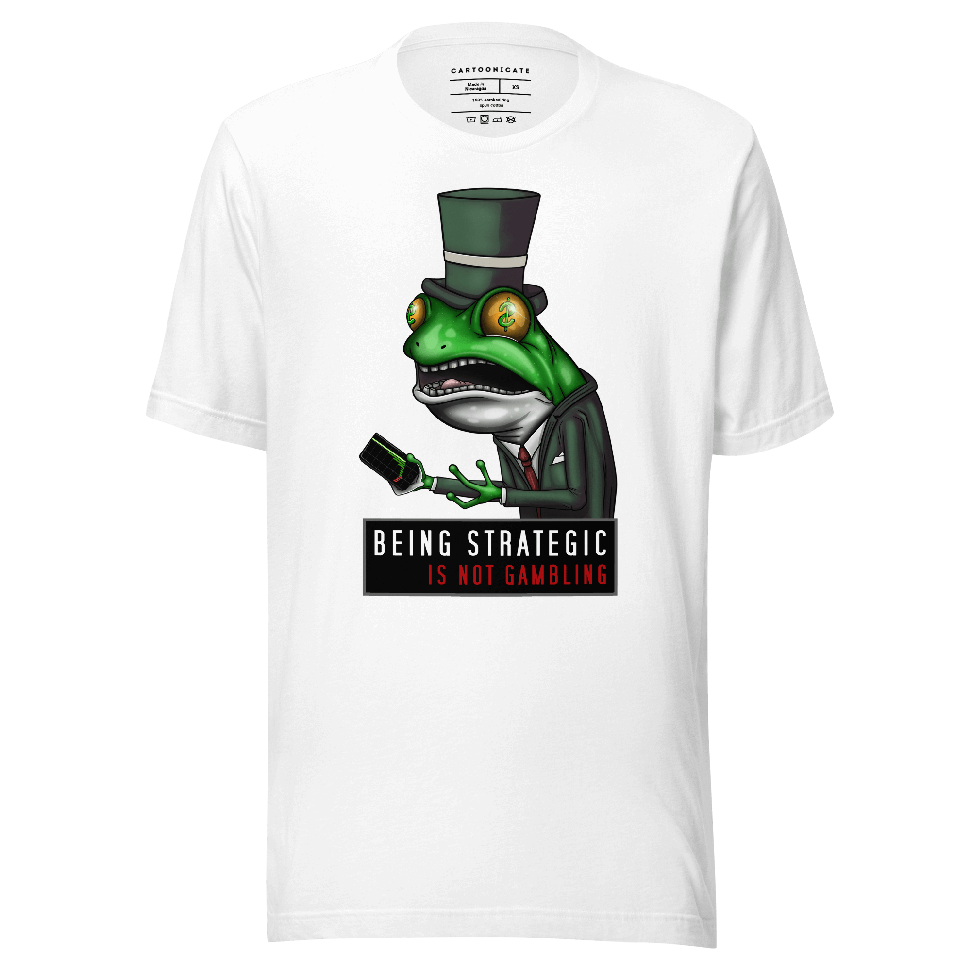 stock market investor dapper frog on white tee