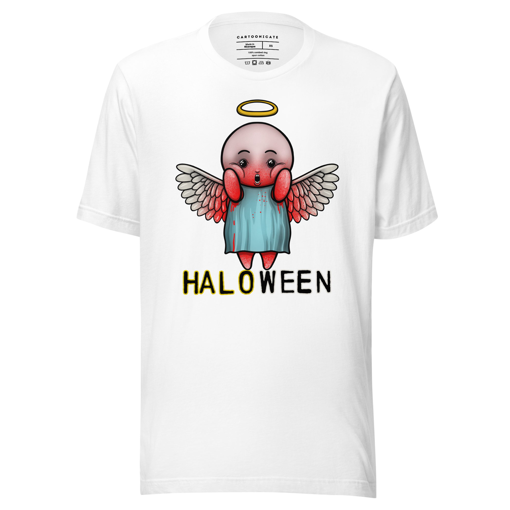 white t-shirt with bloody halloween angel drawing