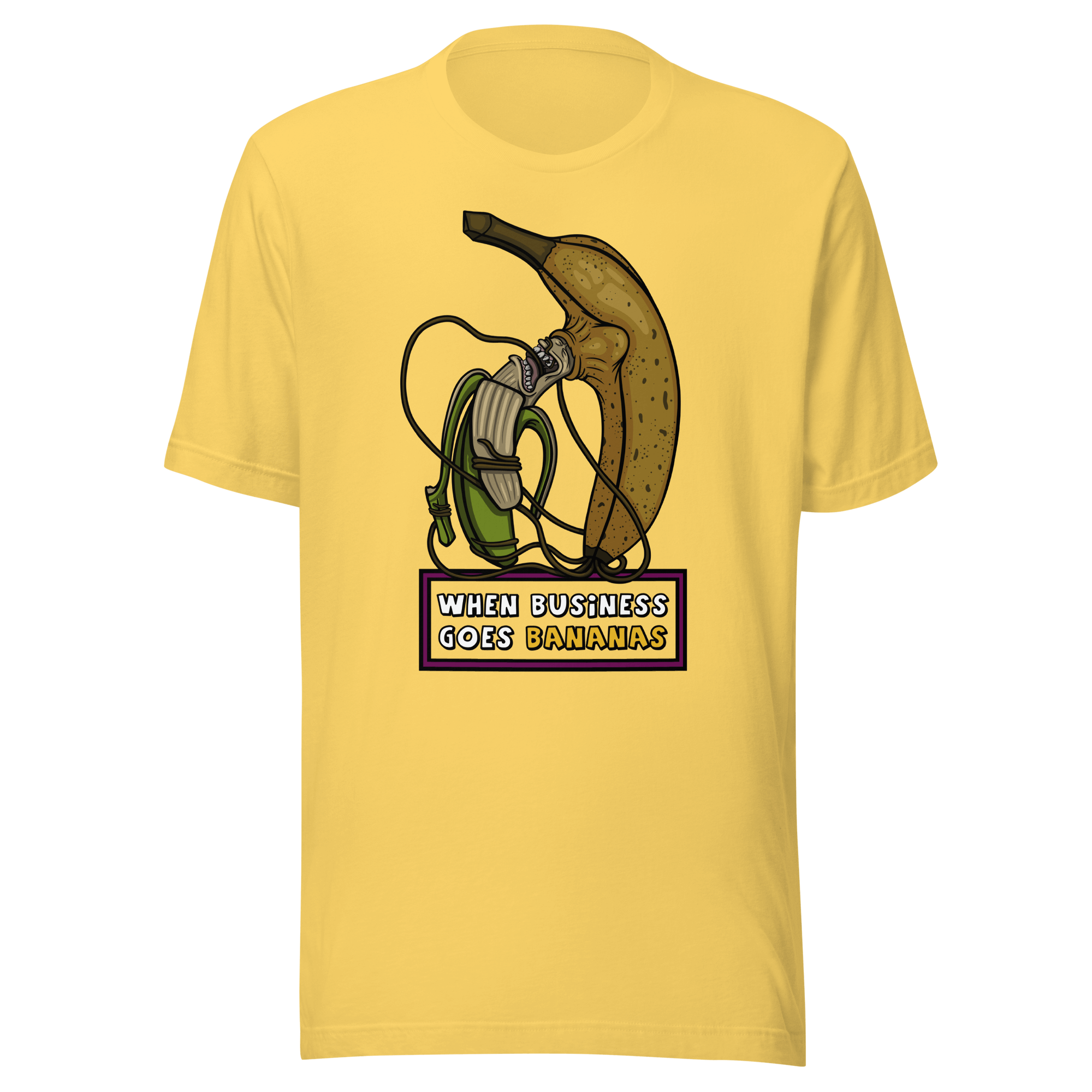 Yellow shirt with a cartoon drawing of two bananas