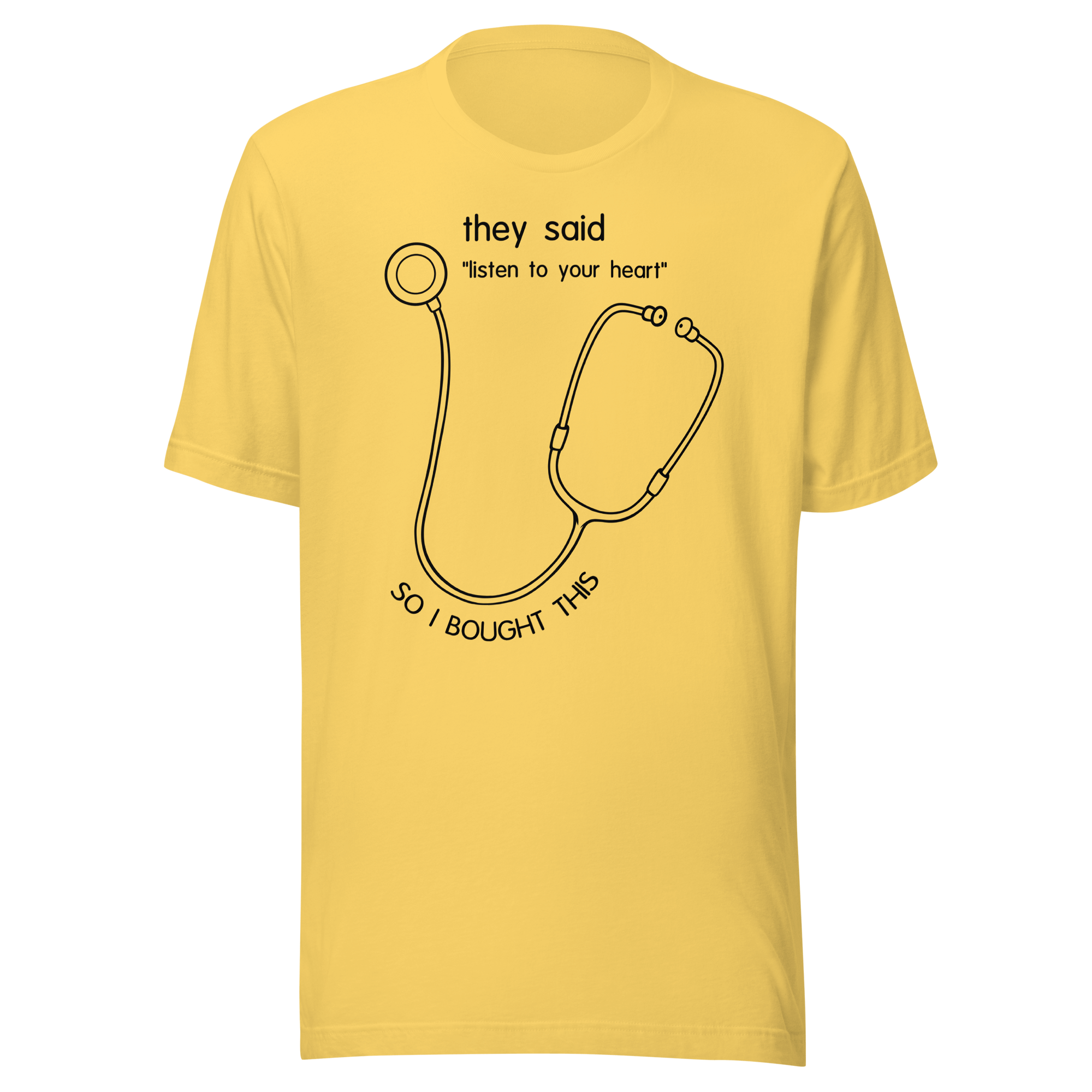 yellow humor t-shirt with doctor stethoscope drawing