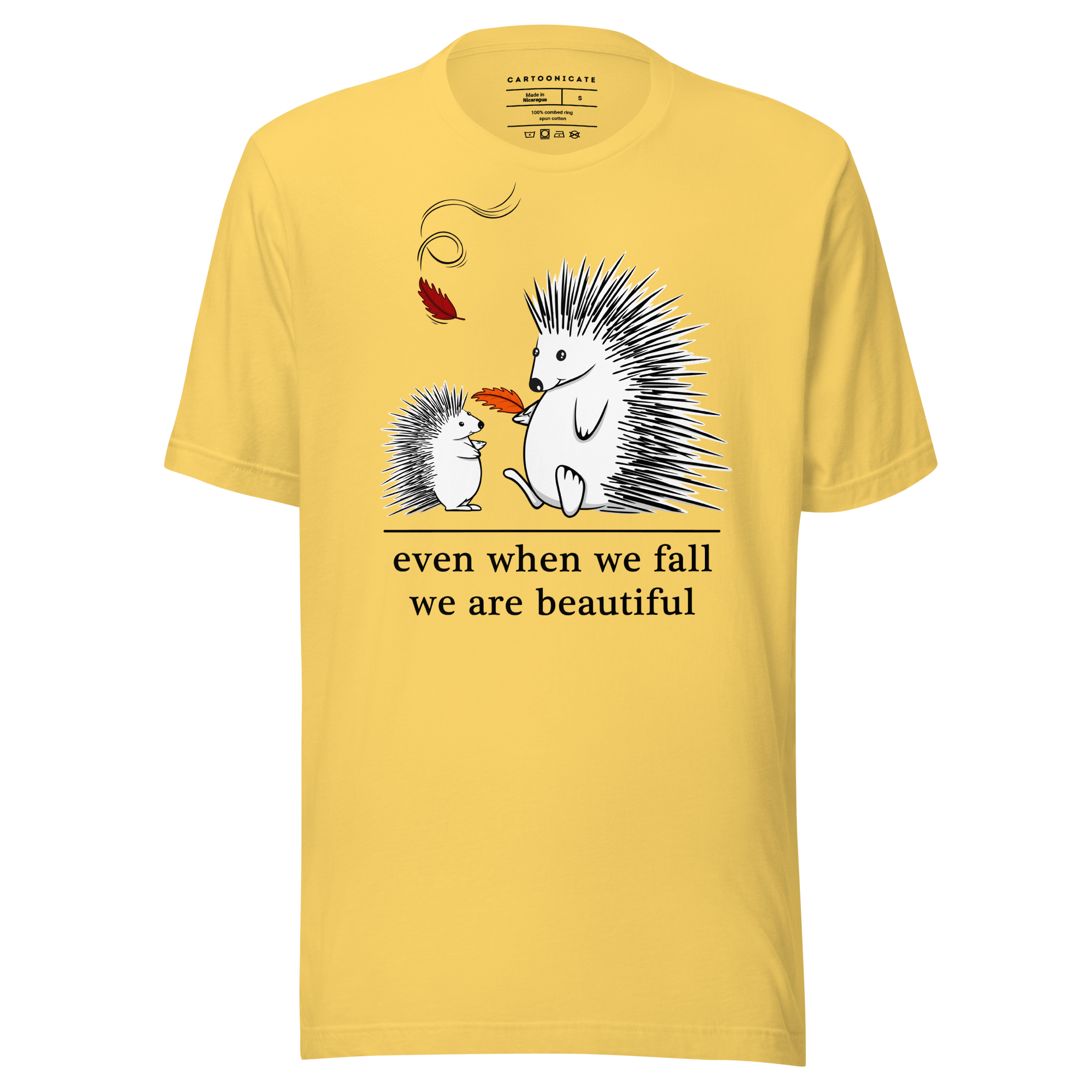 Yellow tee with hedgehog mom and baby drawing