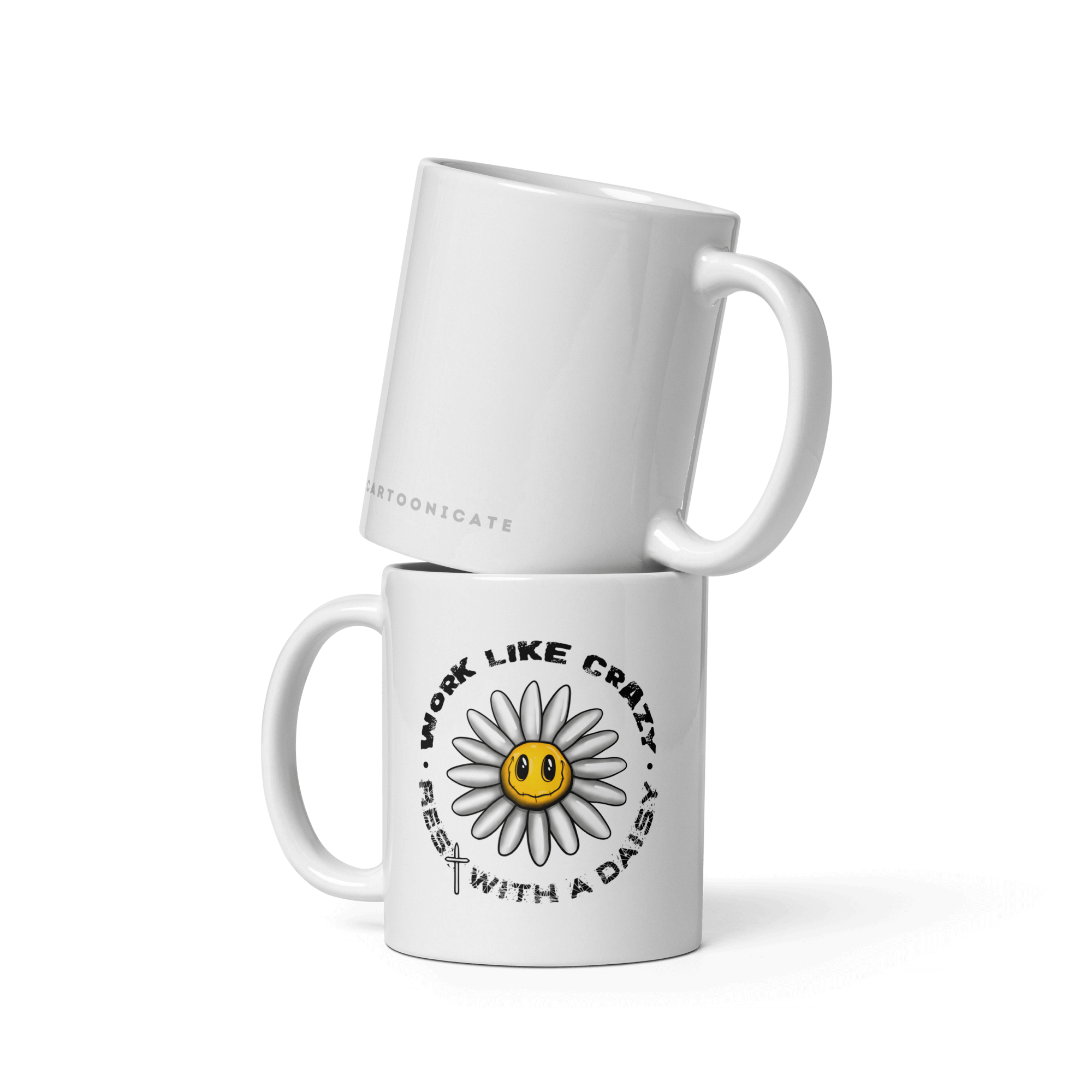 funny cartoon daisy drawing on white ceramic mug