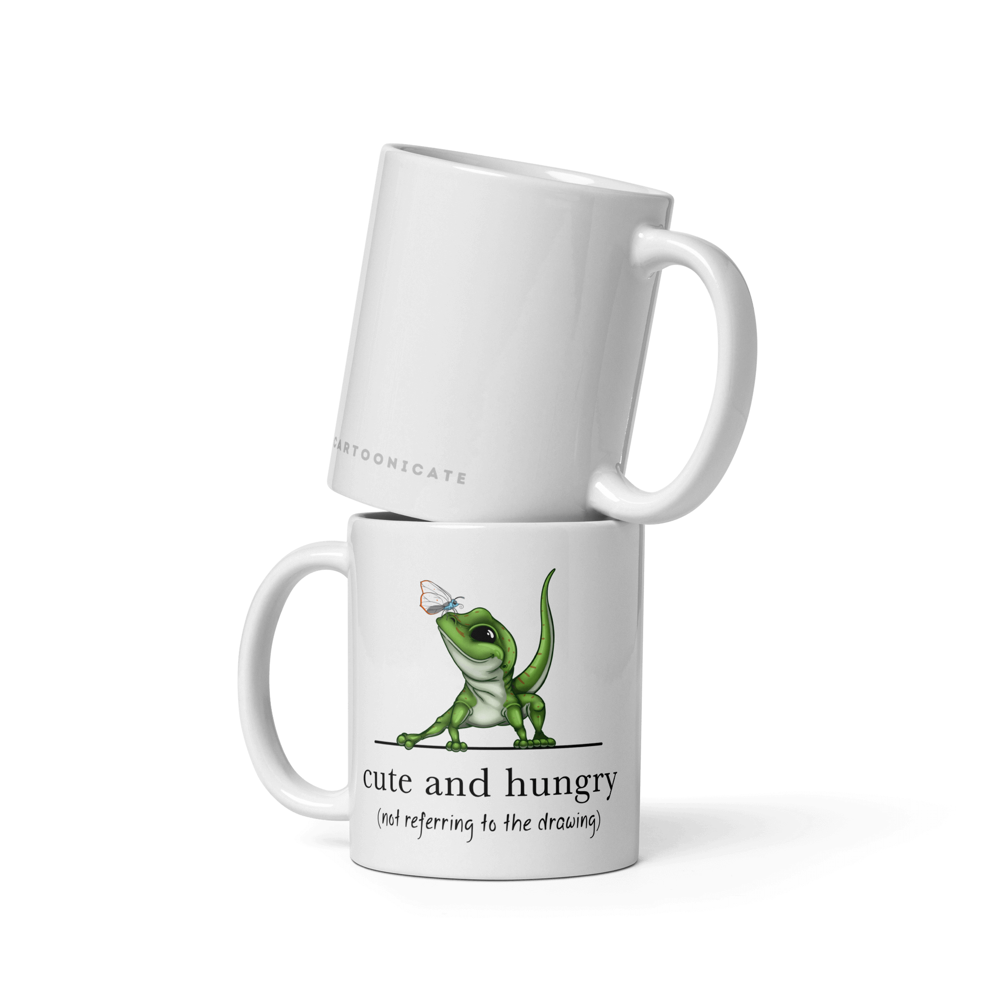 cartoon lizard with butterfly on ceramic mug white