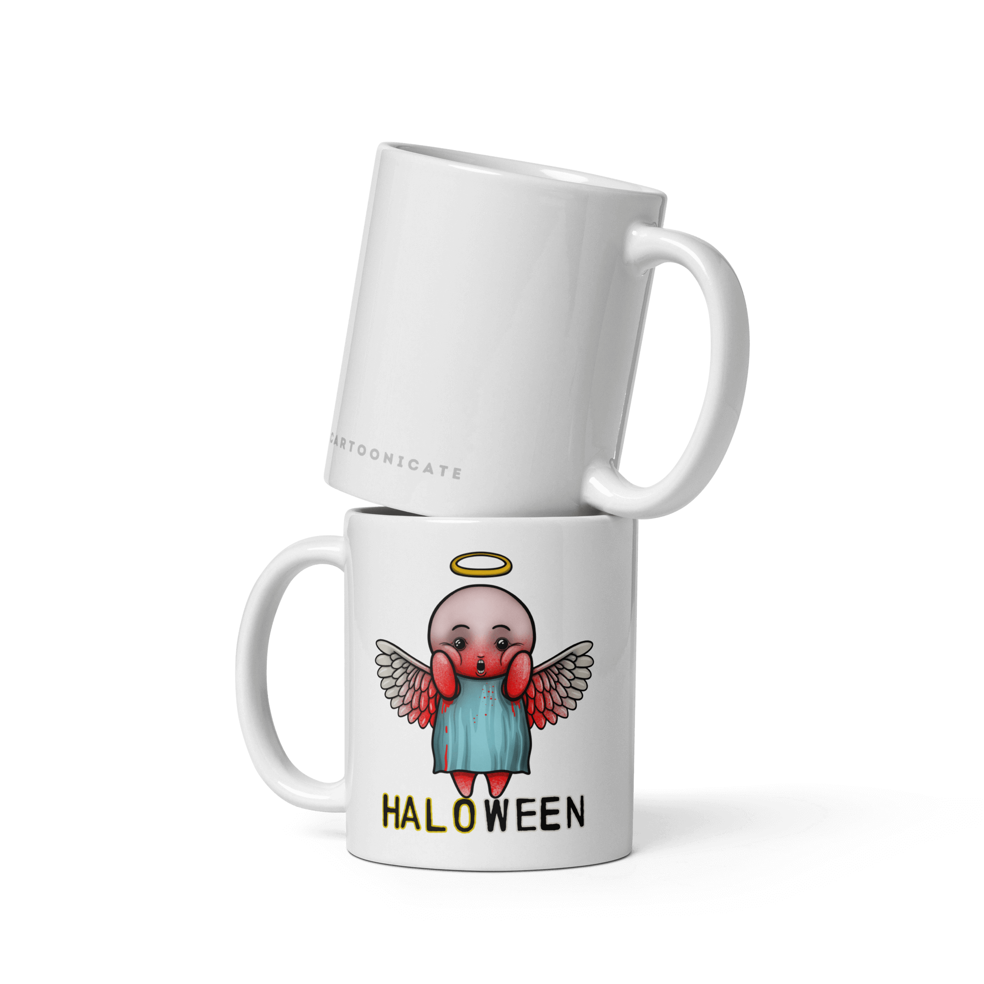 white ceramic mug with bloody halloween angel design