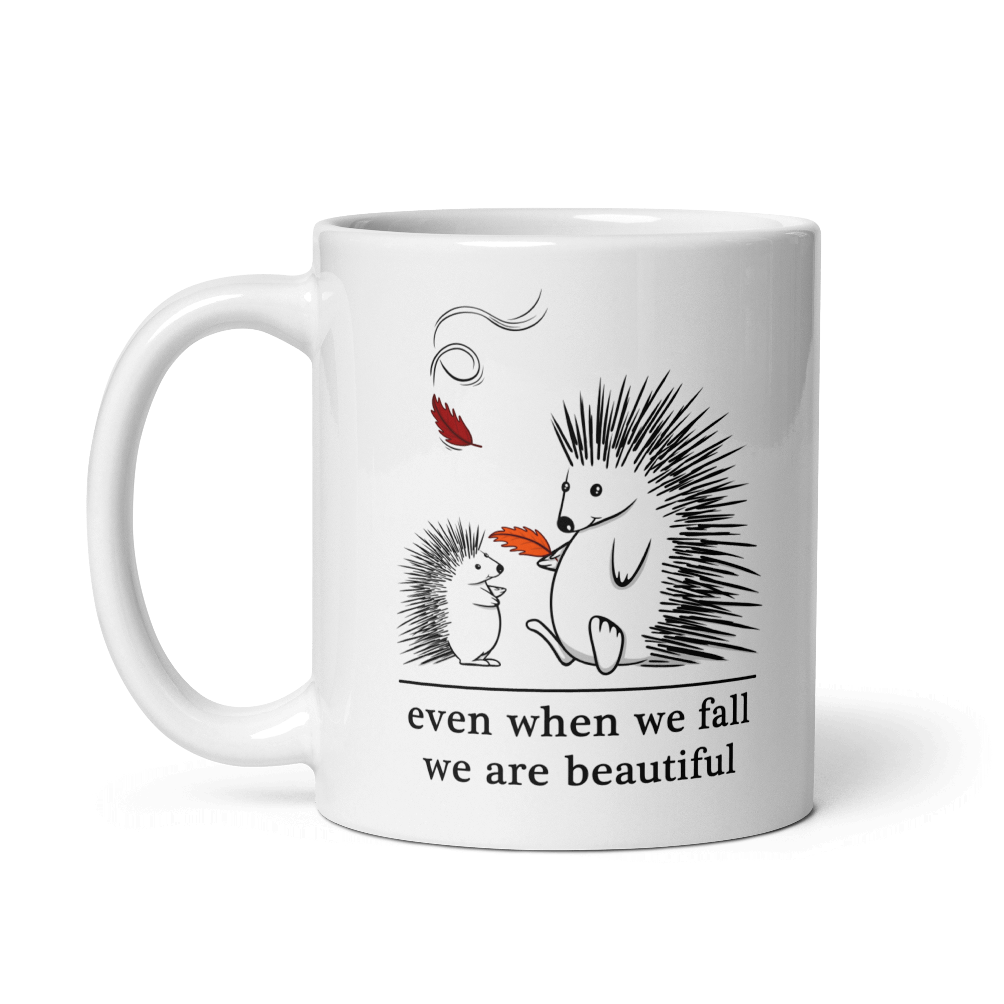 Cute cartoon hedgehog drawing on white ceramic cup