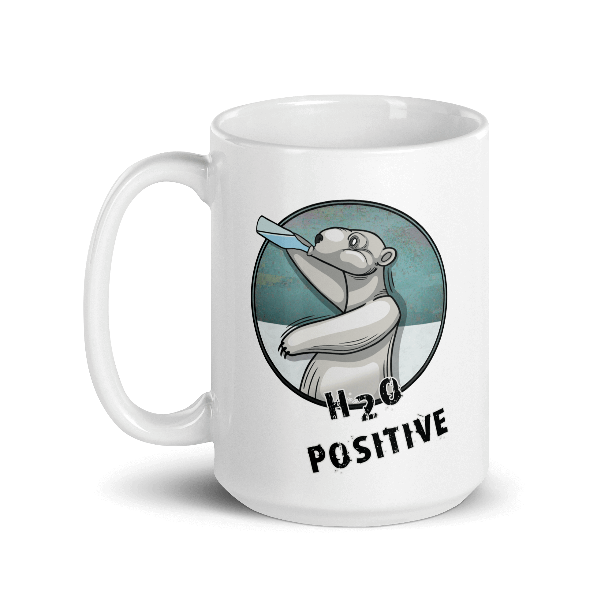 ceramic white mug with a cool cartoon polar bear drinking water