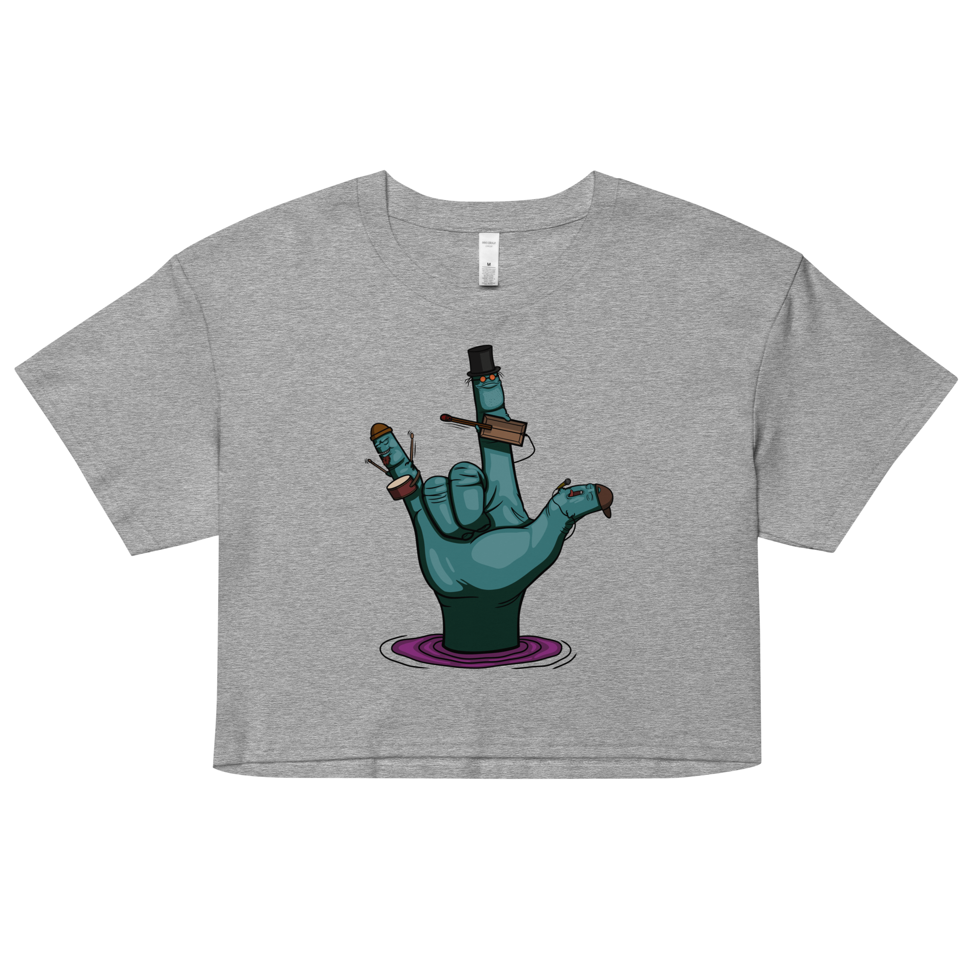 cartoon rock music hand grey woman's crop top