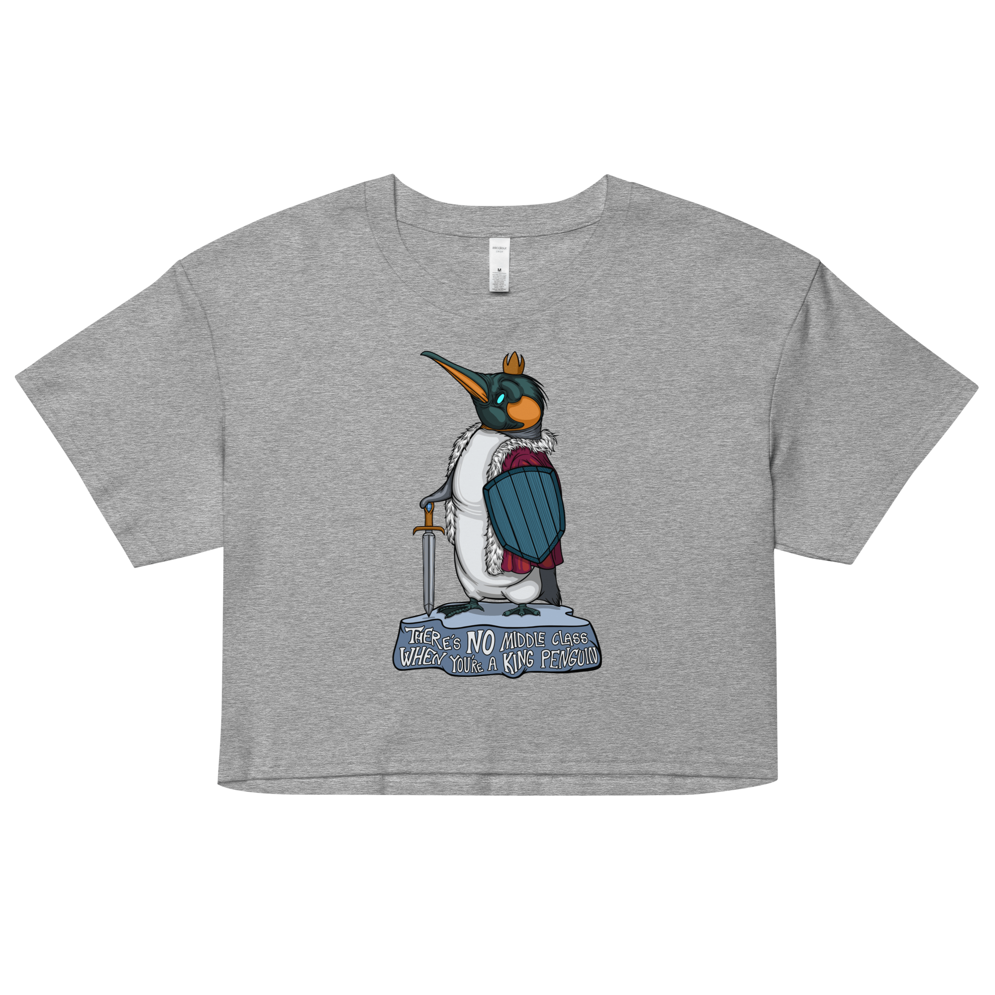 grey women’s crop top with funny king penguin in cartoon style