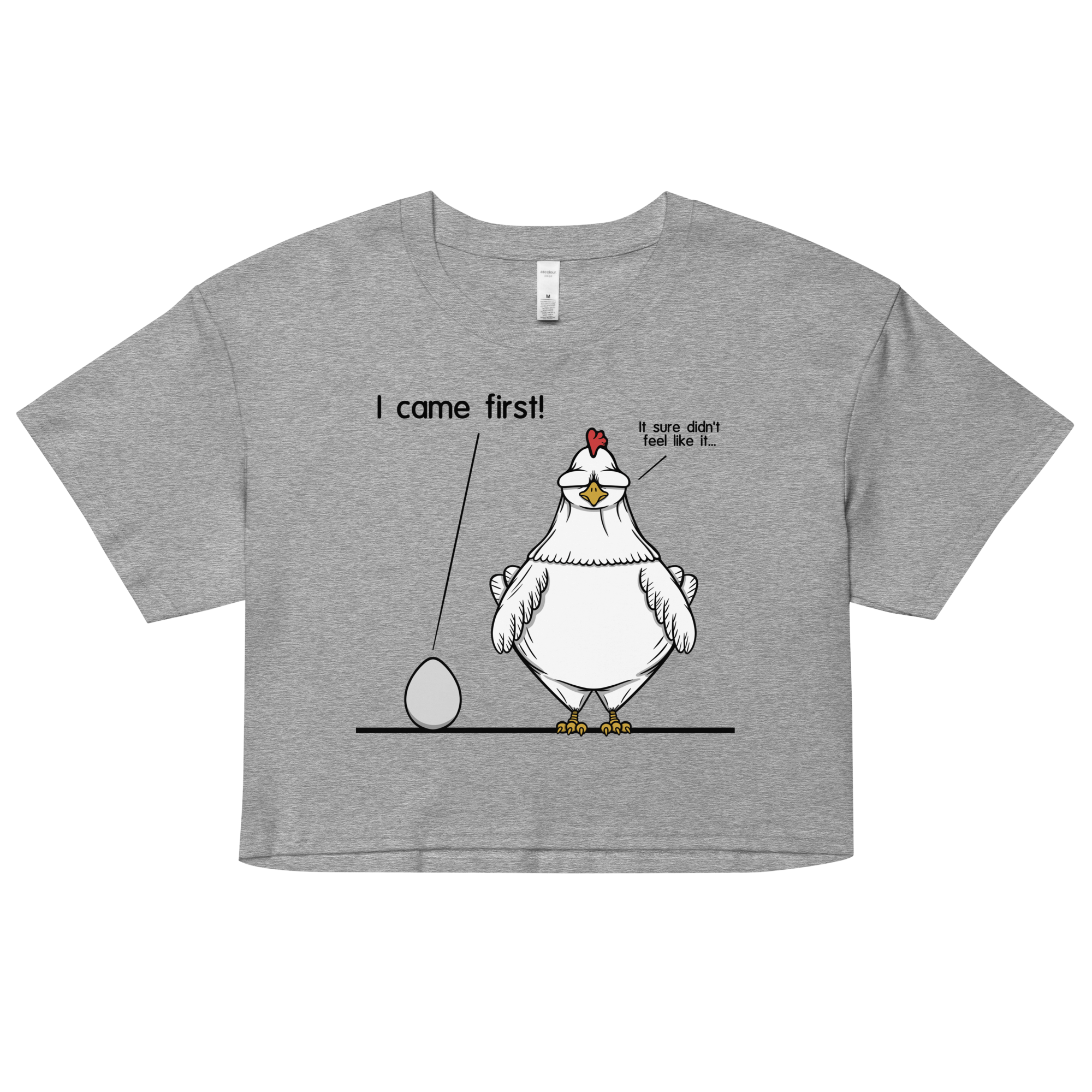 who came first? chicken or egg on grey crop top for women