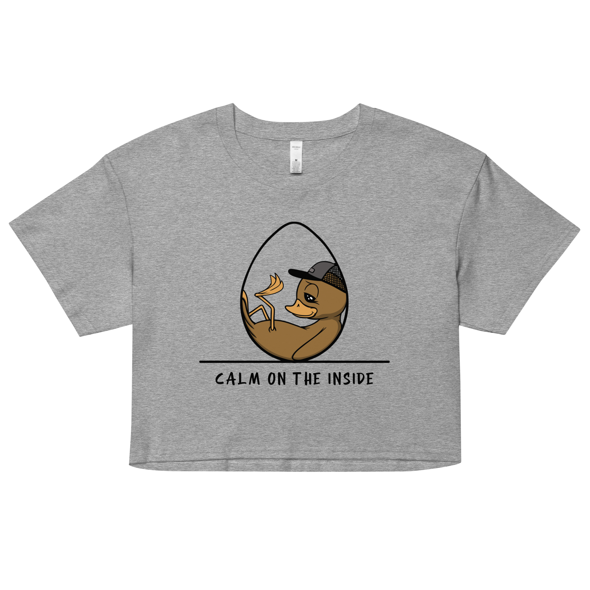 cartoon duck in an egg on grey crop top for women