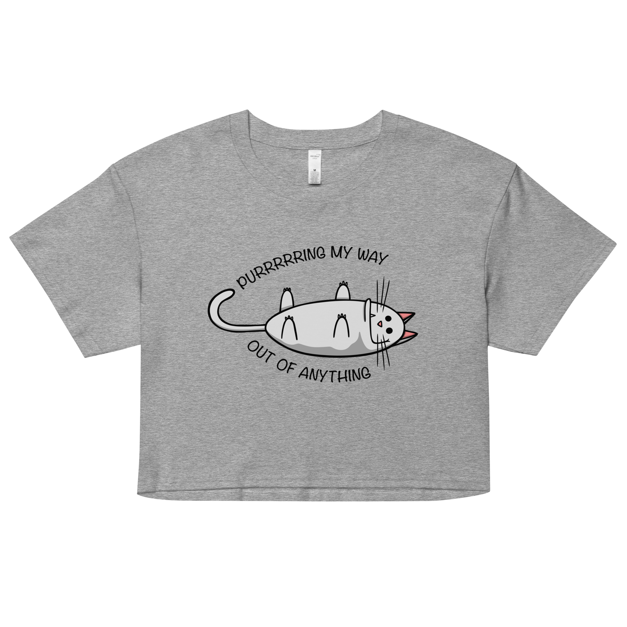 grey crop top with a cute cartoon cat purring