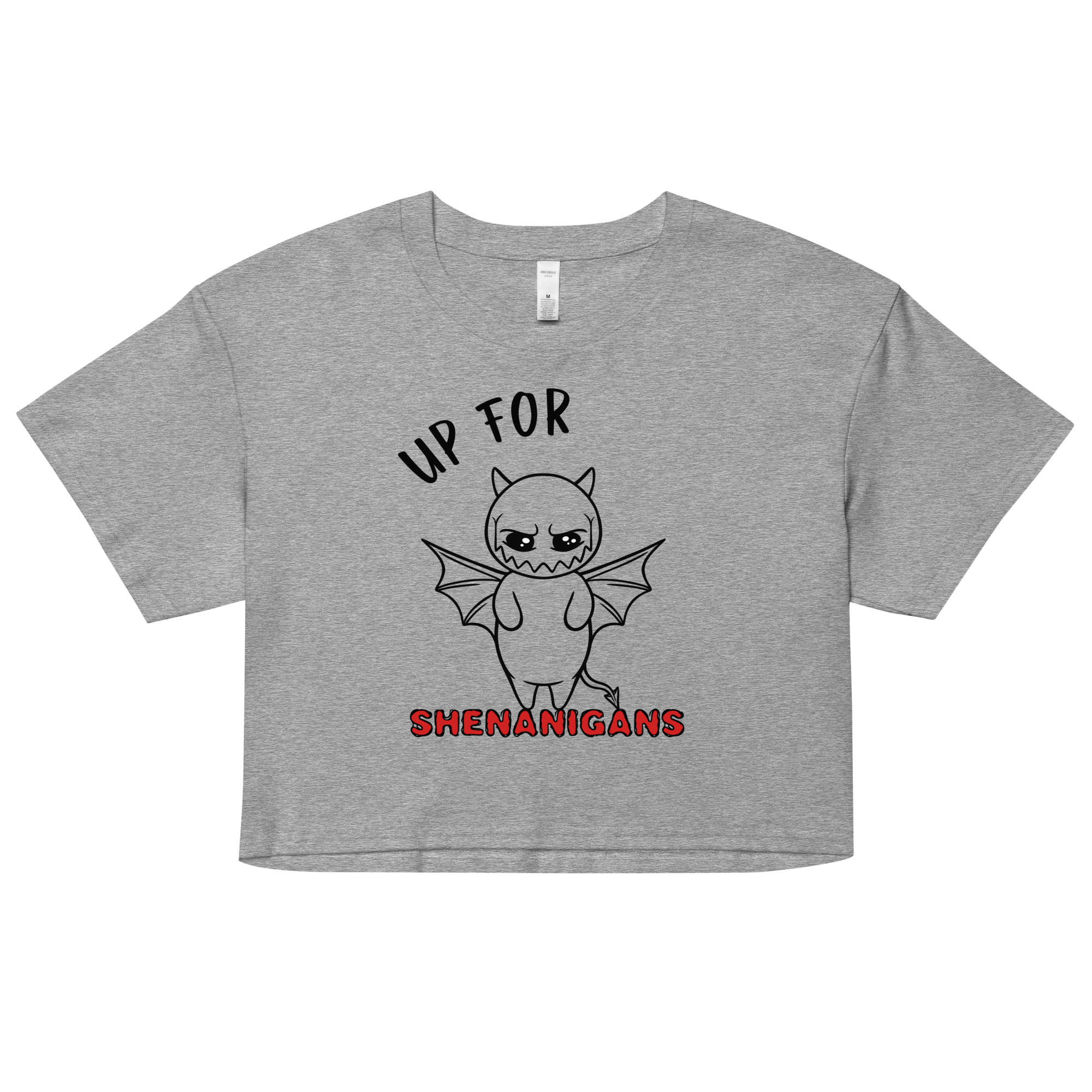 cartoon devil drawing on women’s crop top grey