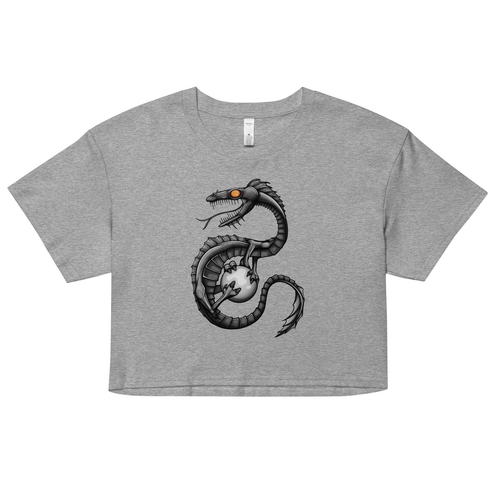 Grey women’s crop top with cool grey cartoon dragon