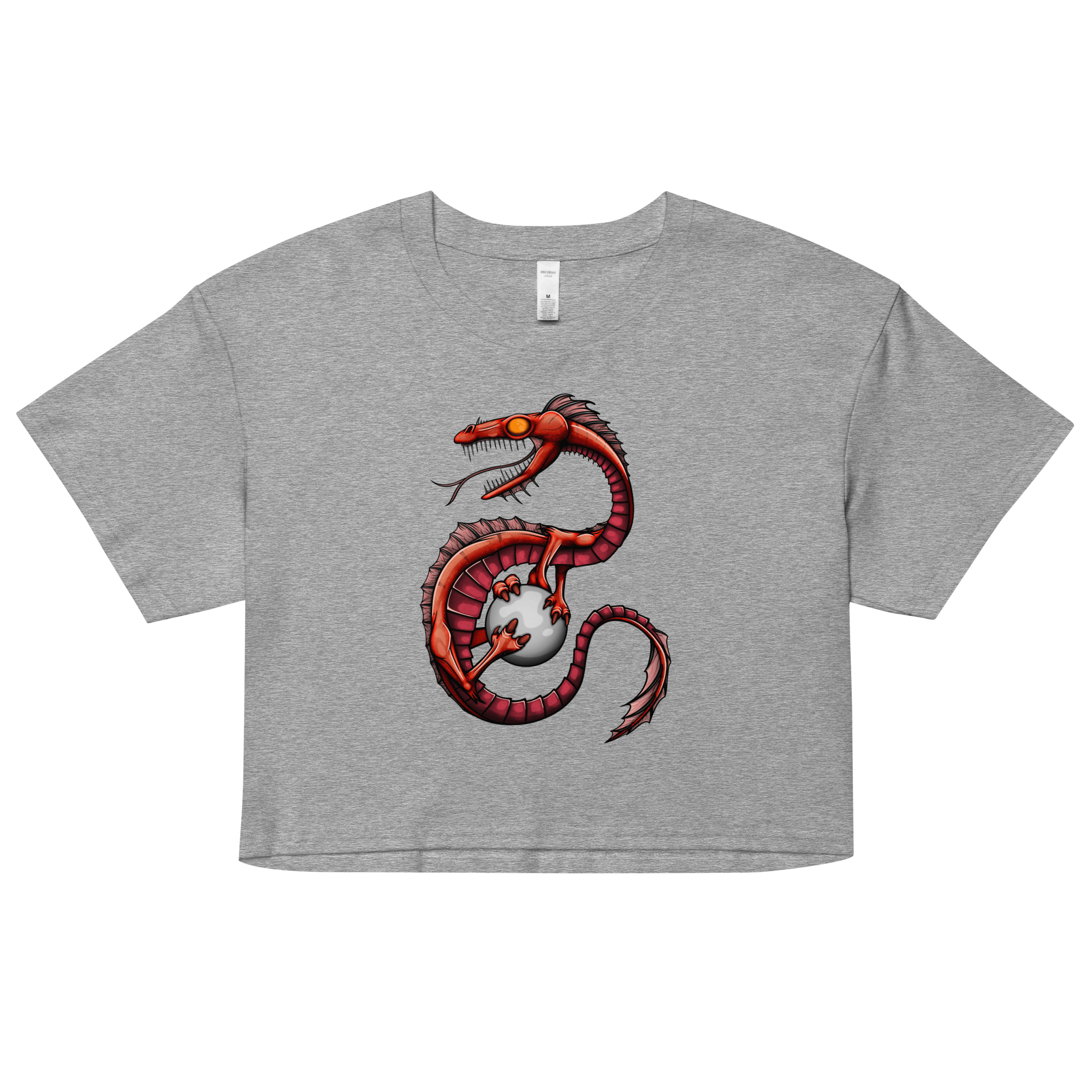 Grey women’s crop top with cool red cartoon dragon