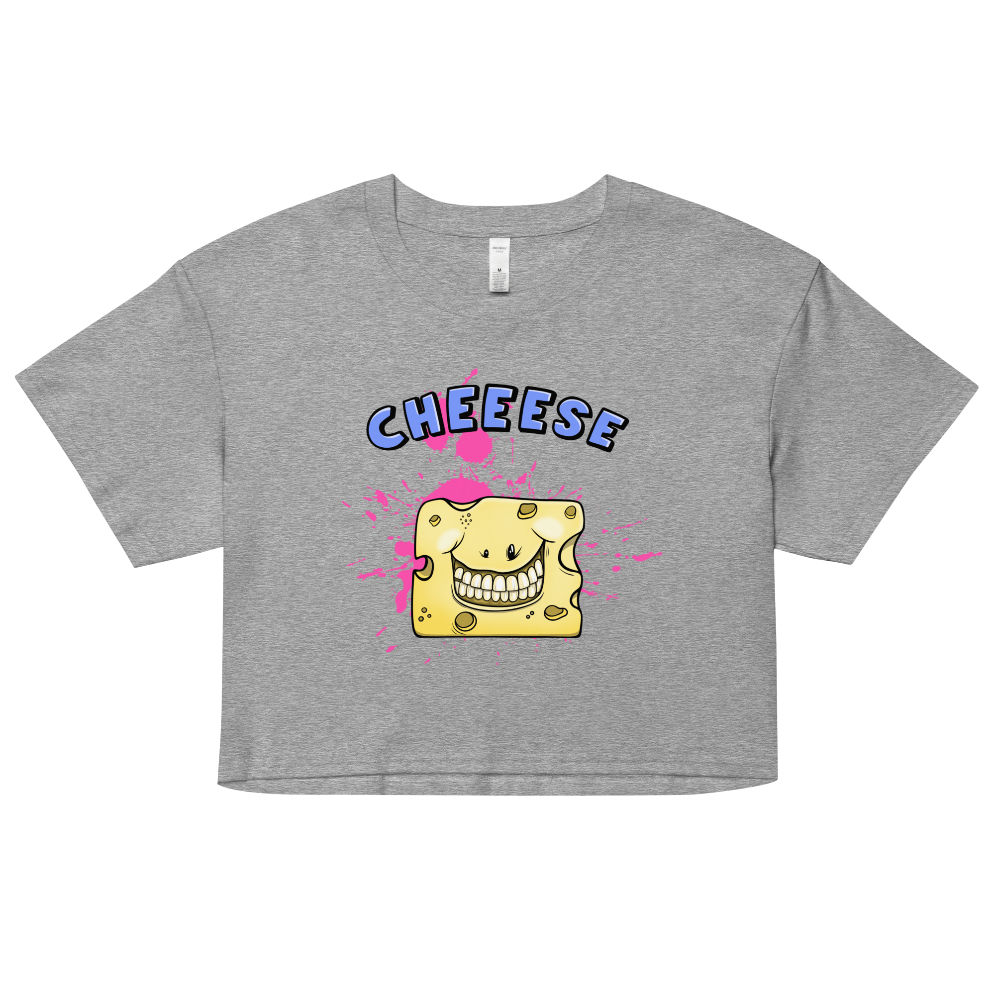 grey women’s crop top with a happy cheese in cartoon style