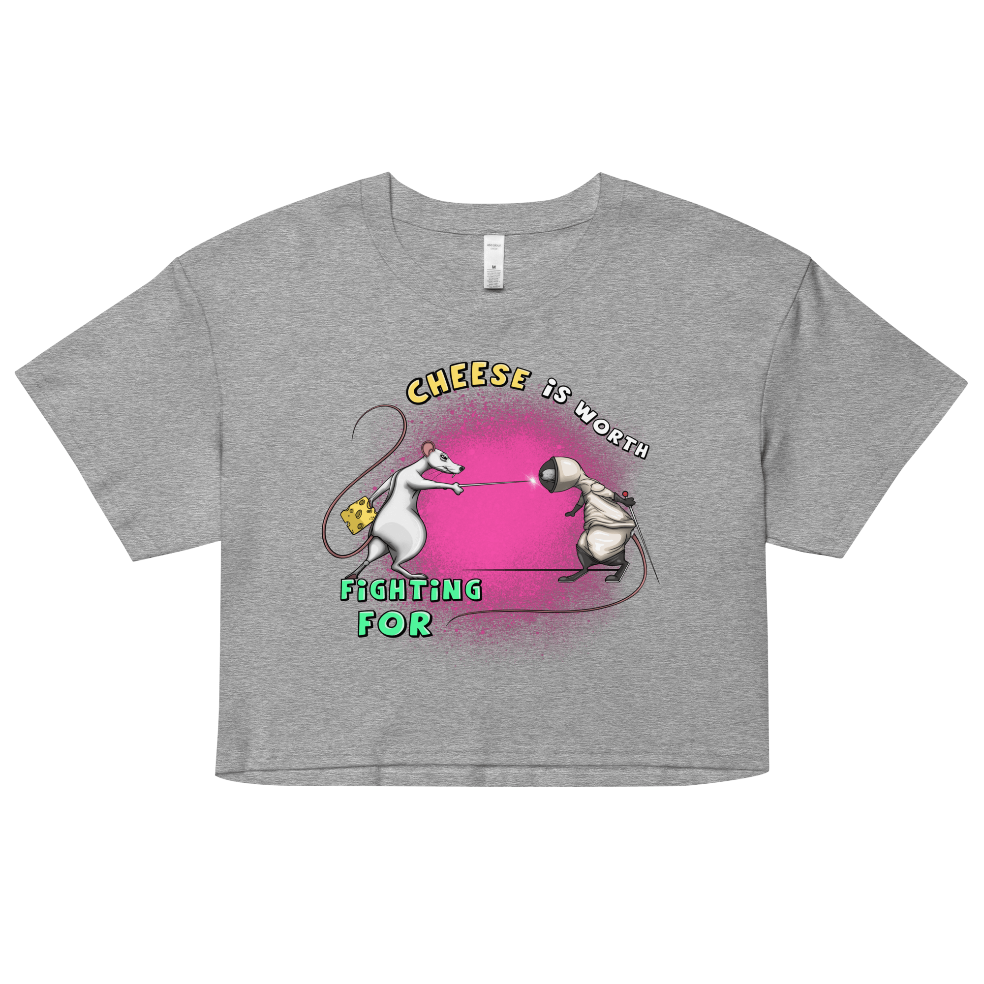 cool cartoon rats in a fencing match on grey crop top for women