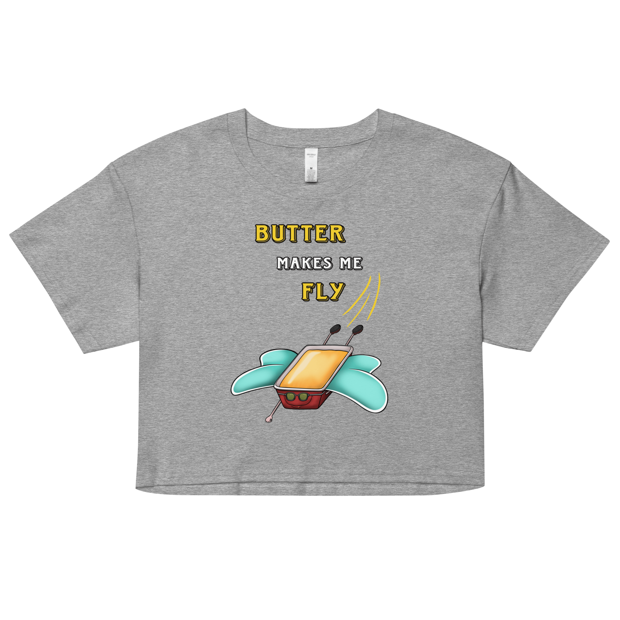 grey crop top with funny drawing of butter flying with wings in cartoon style