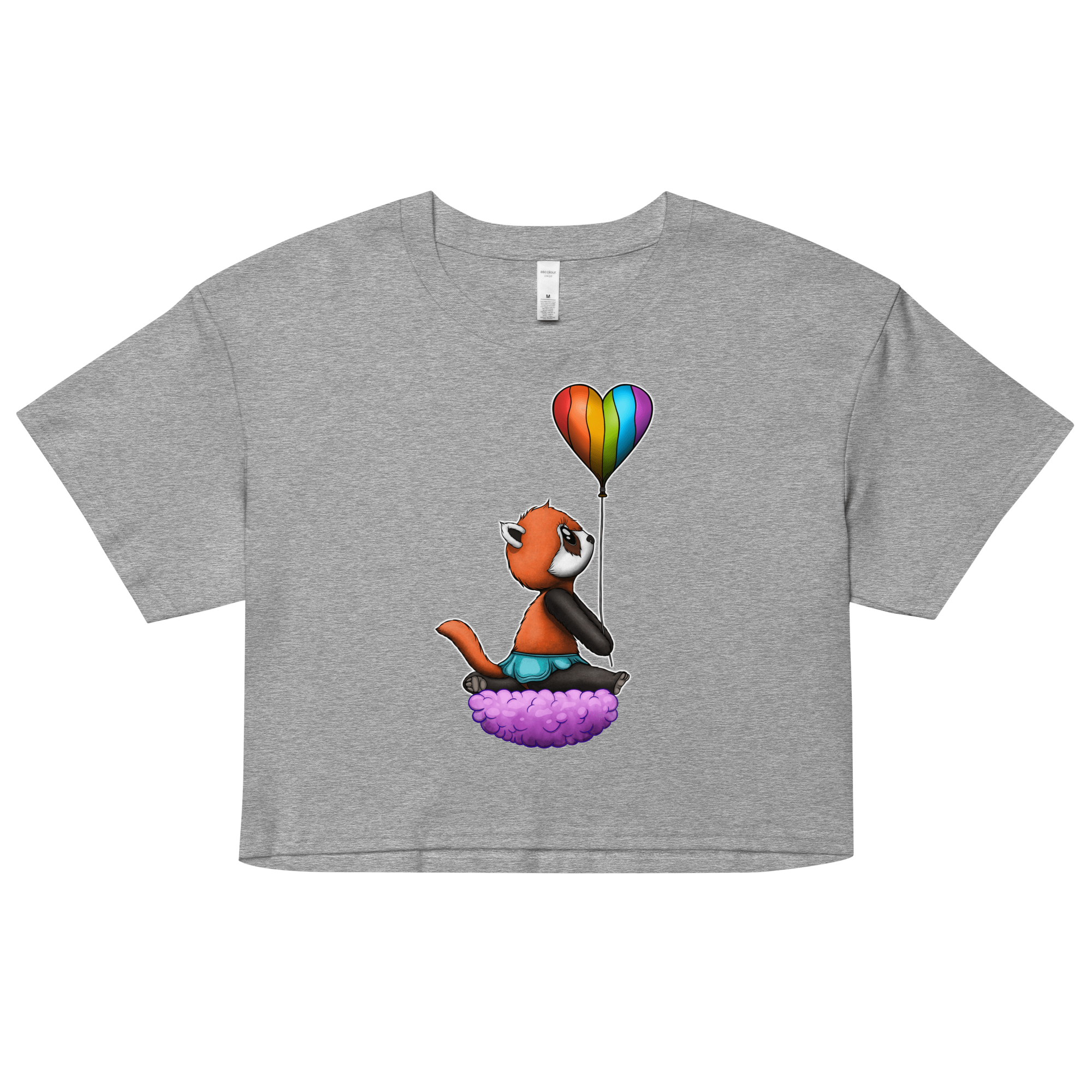 grey women’s crop top with cute panda and pride flag balloon