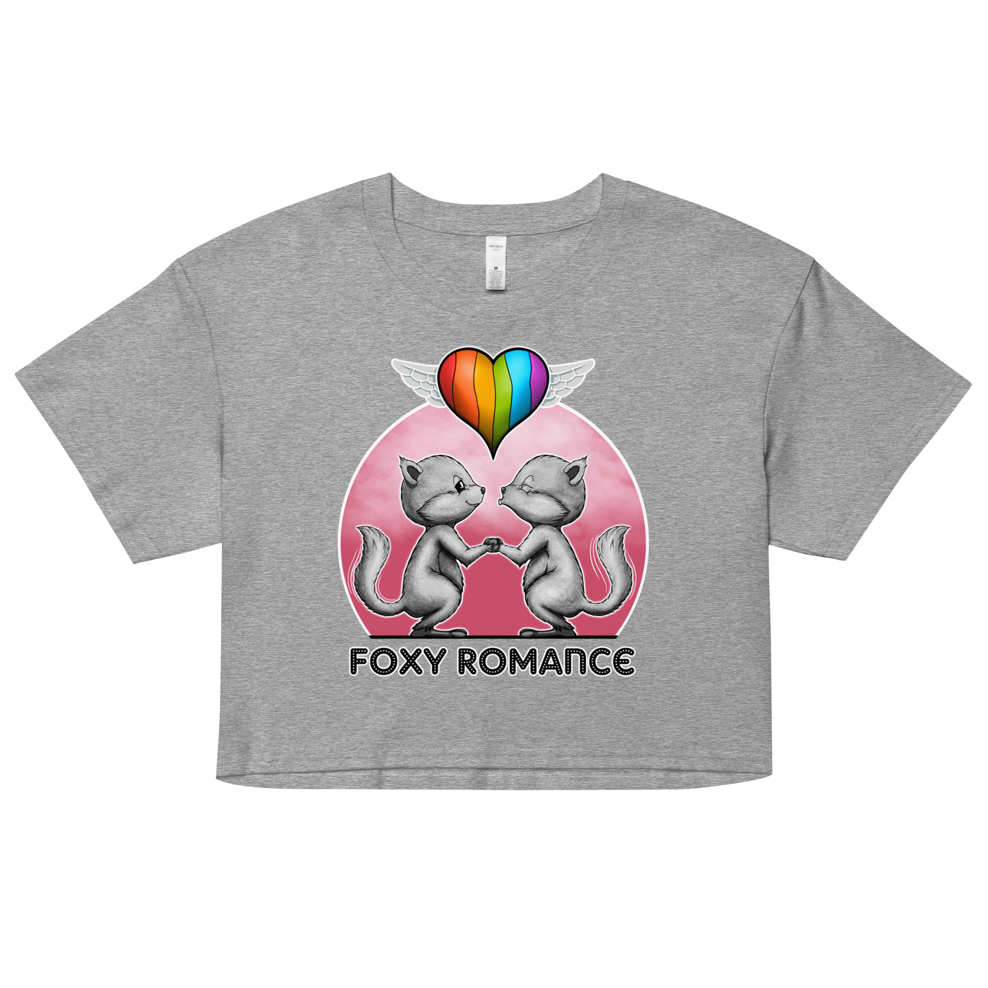 women’s crop top grey with cute foxes and pride flag balloon