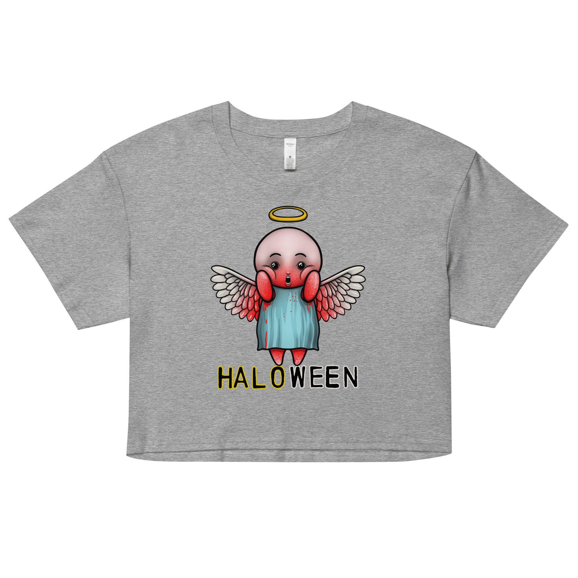 Halloween cartoon angel with halo on women's crop top grey