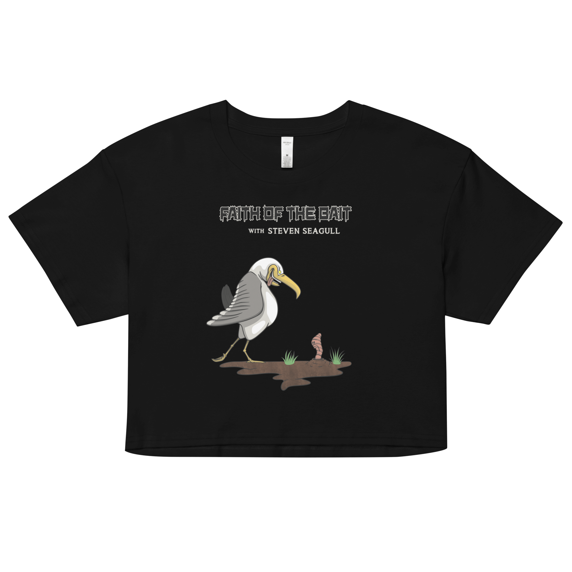 black crop top with a cool cartoon seagull