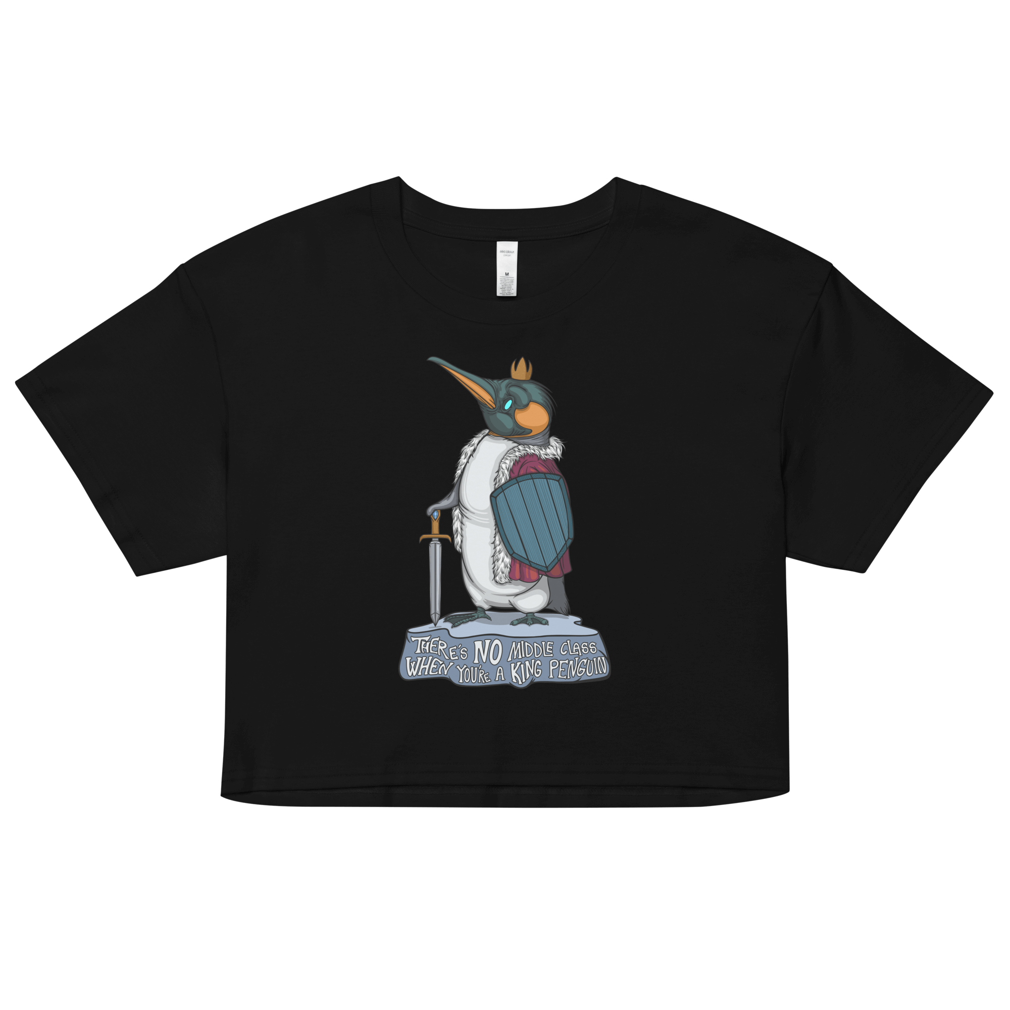 cool cartoon king penguin with a crown on women’s crop top black